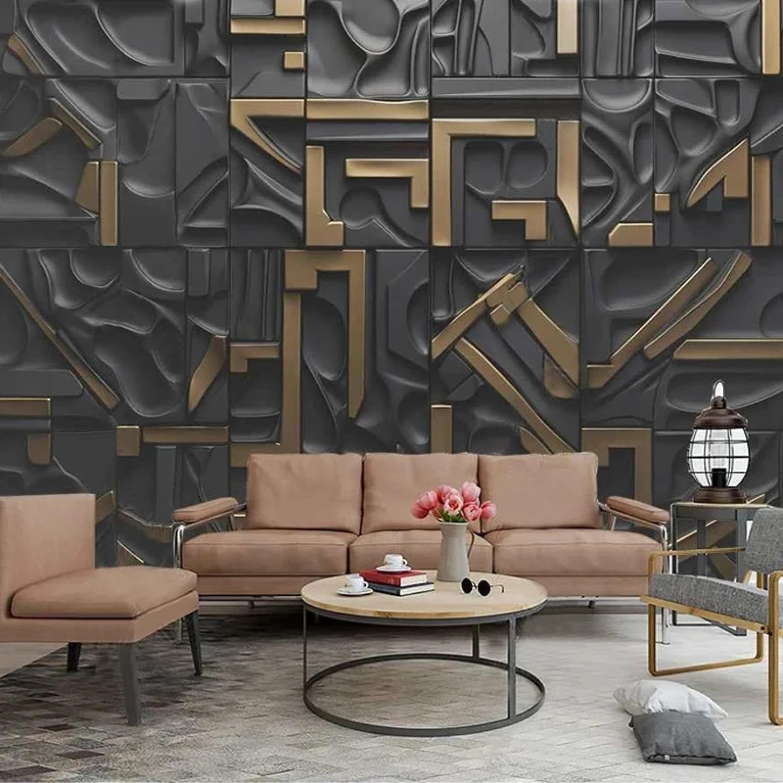 Papier peint mural 3D luxe lettres dorées et noires art géométrique abstrait en PVC