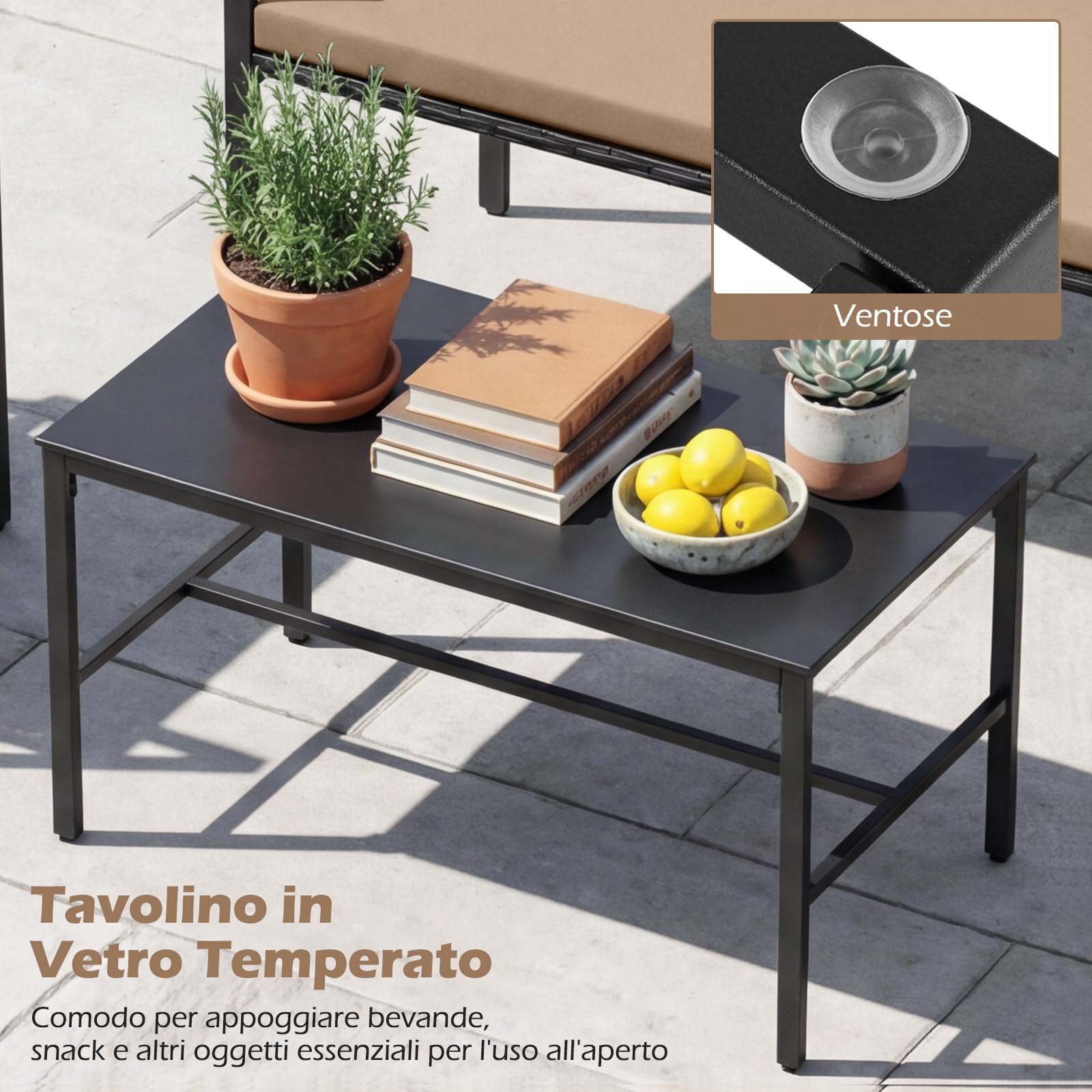 COSTWAY Set di Salotto da Giardino a 4 Pezzi, Poltrone e Divano per Esterno in Rattan con Tavolino da Caffè in Vetro Temperato e Cuscini Morbidi, Set di Conversazione per Cortile e Balcone (Giallo)