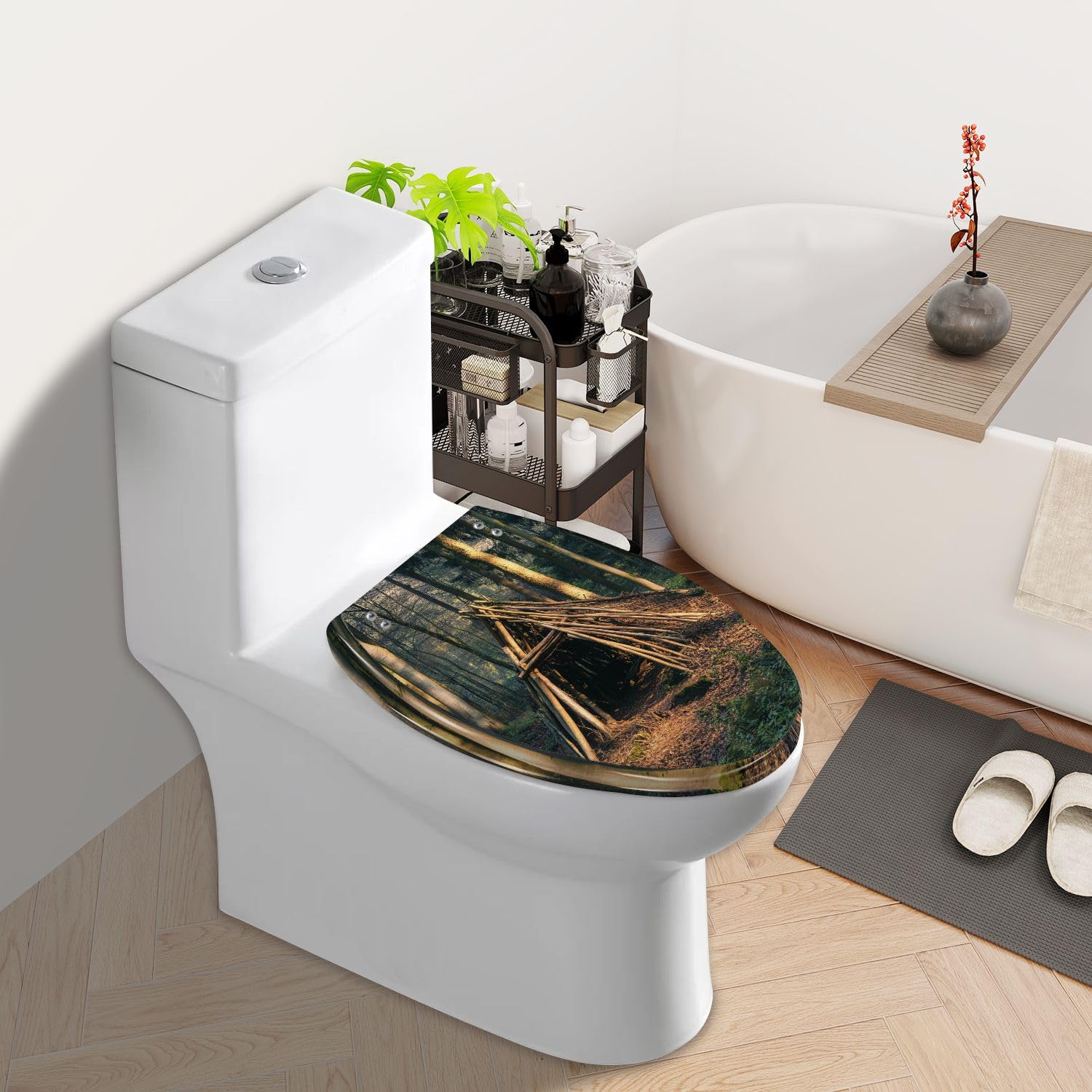 Elongated Toilet Seat Camping hut out tree branches forest sunny Spring afternoon Resin Toilet Seat Slow Quiet Close with Quick-Release Hinges Toilet Seat with Cover Easy to Clean Install