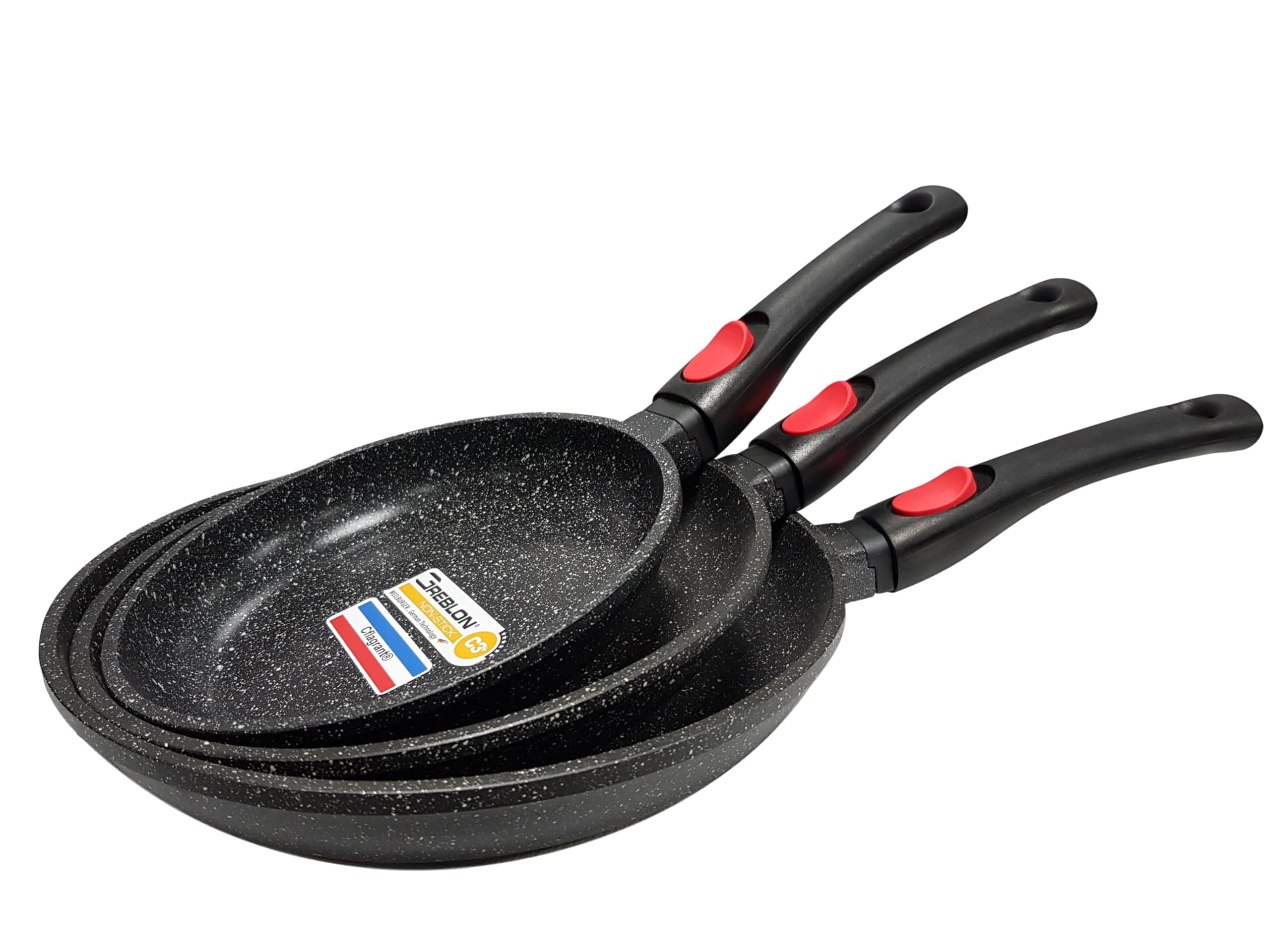 Lot de 3 Poêles Façon Pierre sans PFOA Diamètre : 20/24/28 cm Tous Feux dont Induction Cuisson sans Matière Grasse Revêtement en Greblon C3 ou C3+ de Technologie Allemande (Revêtement C3+)