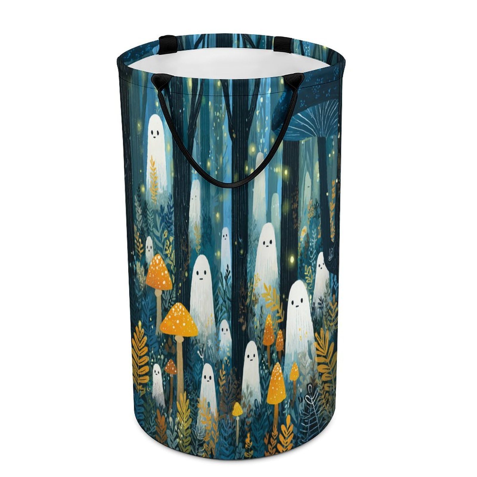 LUYYSKY Vintage Abstract Cute Ghost Collapsible Dirty Clothes Basket, Fantasy Anime Mushroom Forest Ghost Pattern Portable Clothes Storage Basket