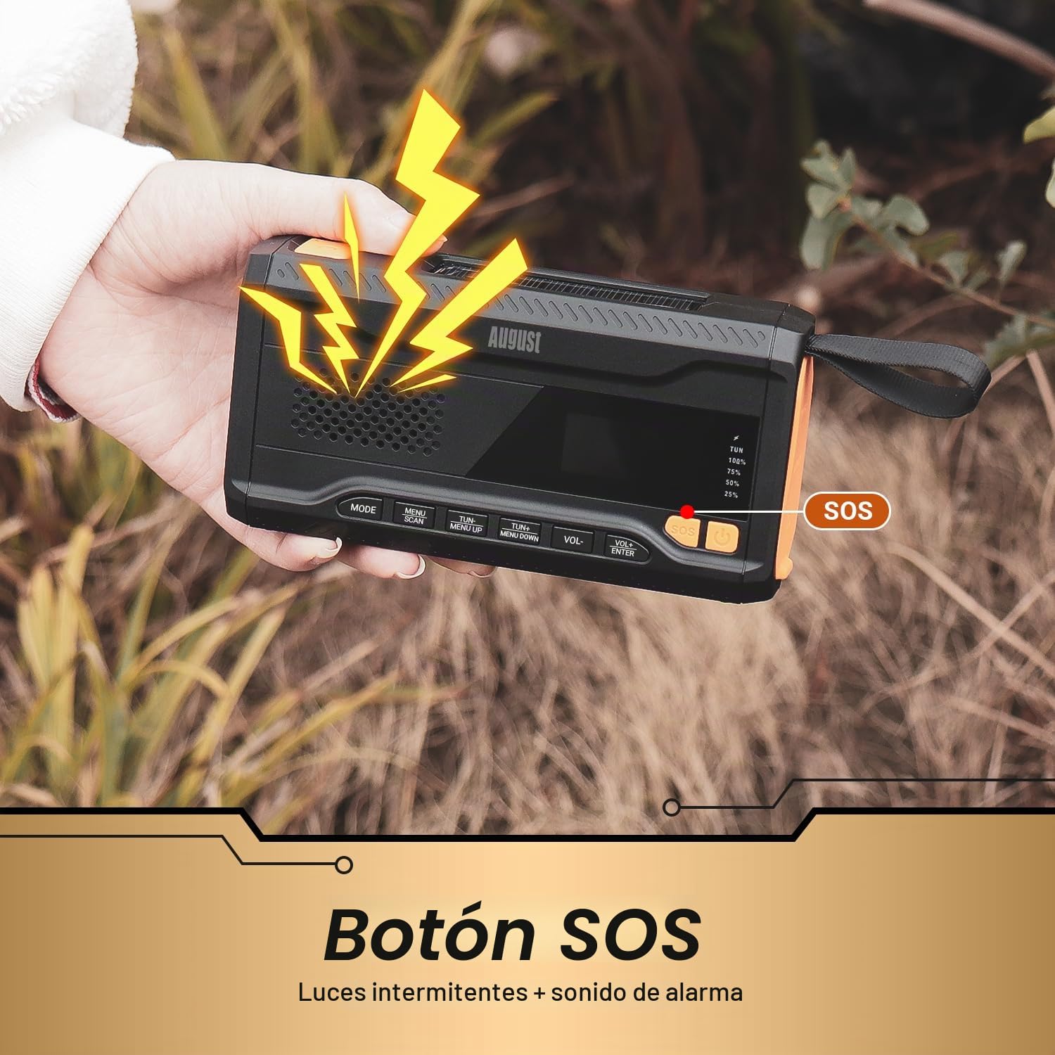 August MB290B Radio Emergencia de Cuerda con Bluetooth Camping o Pesca Recargable Banco de Energía Solar 4500mAh Portátil Dab/FM Radio, Bluetooth 5.0, 3.5mm - Manivela 3 Brillo Linterna - Negro