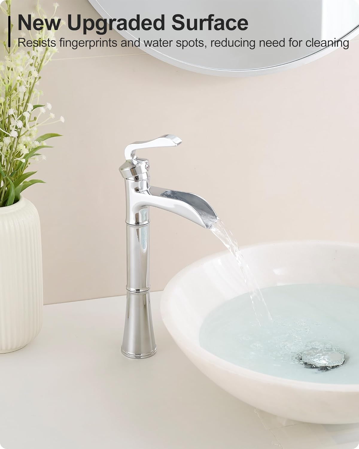 Brass Vessel Faucet, Waterfall Chrome Bathroom Faucet, Single Hole Tall Bathroom Faucets for Vessel Sinks, Single Handle Bathroom Sink Faucets with Pop-Up Drain & Supply Water Hoses, No Leaks