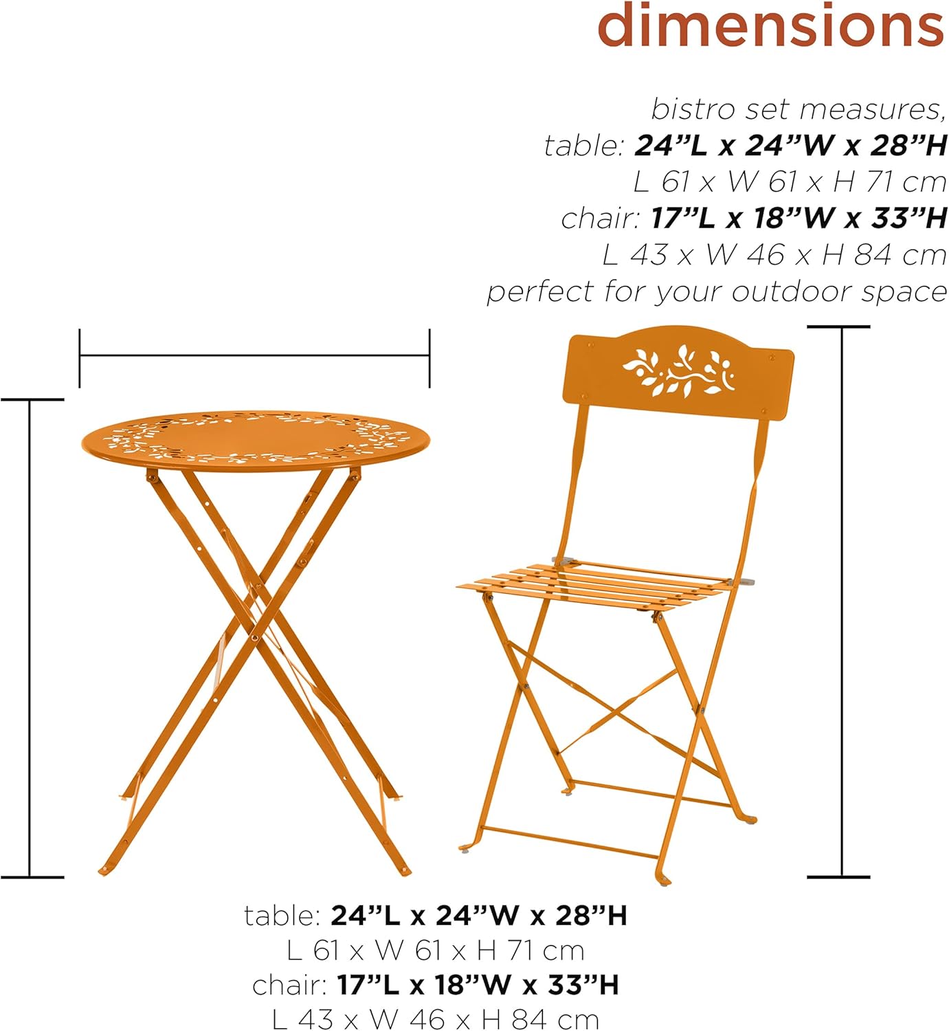 Alpine Corporation MSY100A-OR Bistro Set, Table: 24" L x 24" W x 28" H Chair: 17" L 18" W x 33" H, Orange : Patio, Lawn & Garden