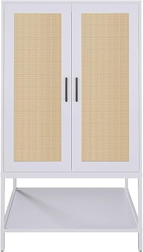 Miniatura 5 de BOCVKENN Armario ropero, Armario de ratán para dormitorio con 2 puertas, armario de madera con estantes y barra para colgar ropa, color blanco