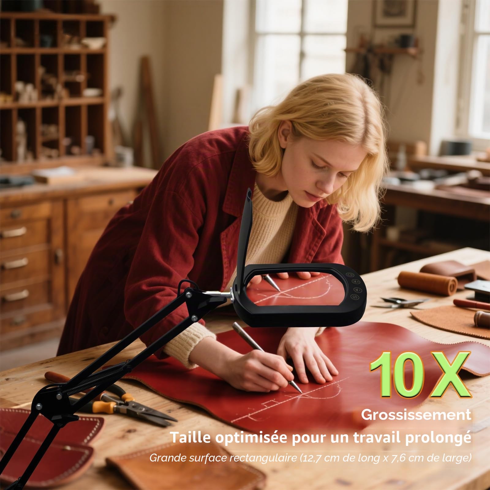 CGBE Lampe Loupe 10X avec lumière: 5'' Loupe de Lecture avec étui Anti-poussière, 5 modes couleur et intensité variable. 3-en-1 Loupe Lampe Inclut Socle et Pince pour Bricolage, Travaux et Loisirs.