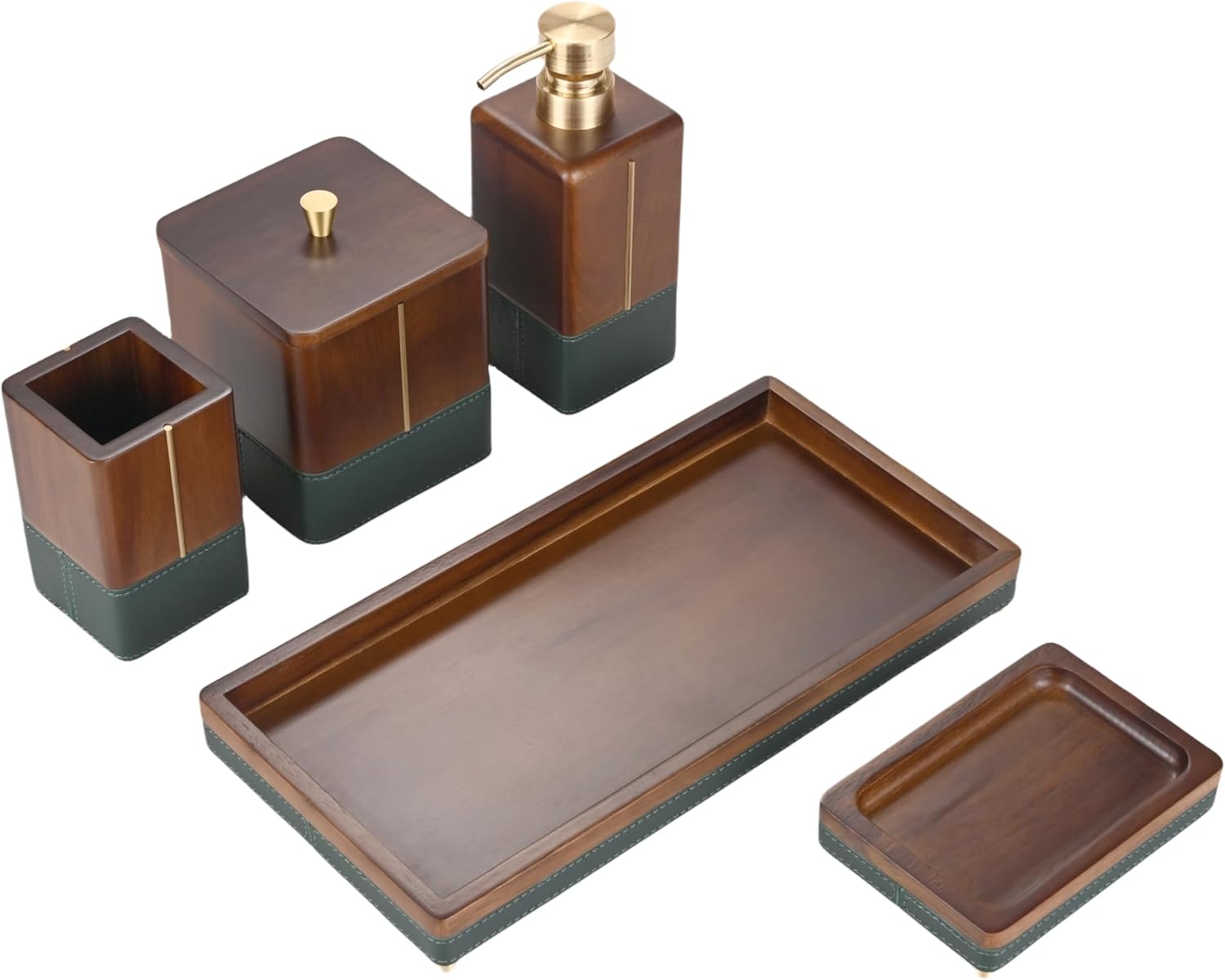 MIHIRO 5 Piece Acacia Wood Bathroom Accessory Set with Tray Wooden Soap Dispenser Toothbrush Holder Cotton Swab Jar Soap Dish for Vanity Countertop, Retro Leather Copper Accent Walnut Brown(Chestnut) - Image 4