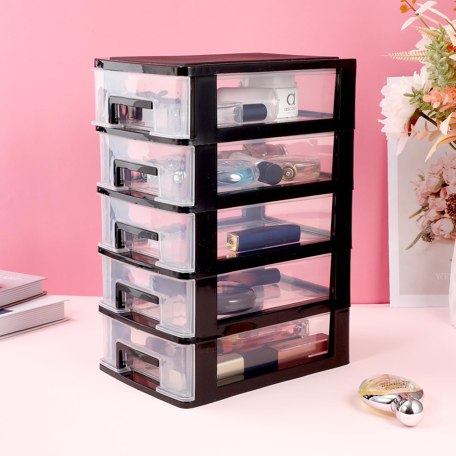 Artibetter Organizer 5 Cassetti in Plastica Trasparente per Scrivania, Cassettiera Portaoggetti Capiente e Pratica per Cosmetici e Materiali da Cucito in Vanità