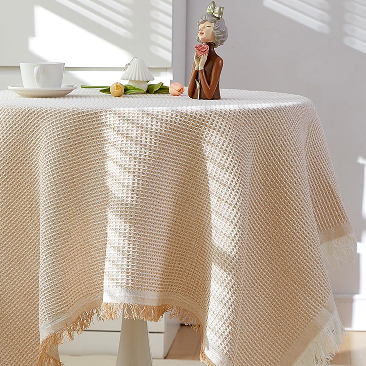 HASTHIP® Table Cover Cloth 4 Seater - 51.2x51.2 Premium Linen Premium Cotton Dinning Table Cover Washable Reusable (Beige, Square)-image-22