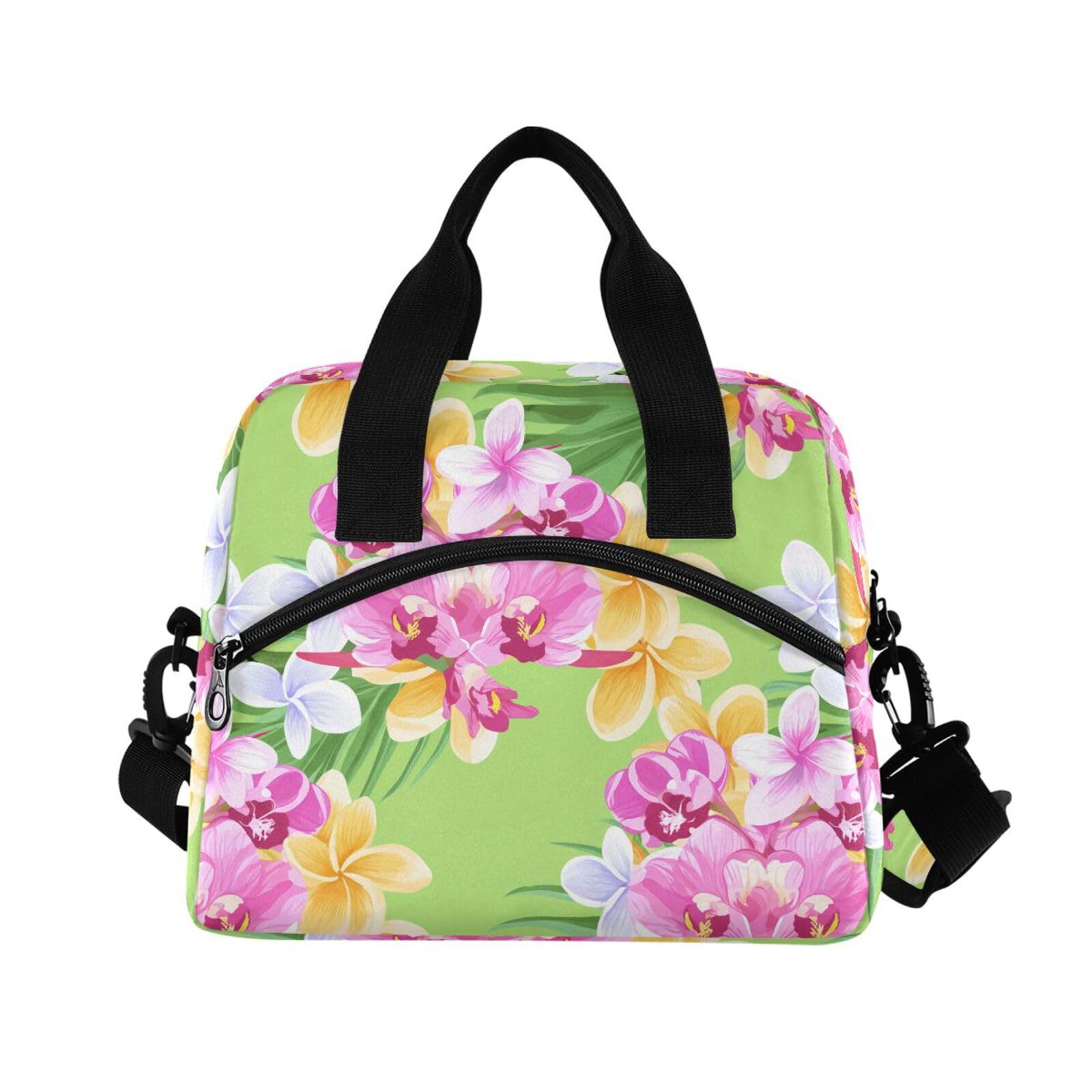 Sinestour Insulated Lunch Bag Reusable Cooler Orchid Plumerias Fronds Floral Lunch Box Adjustable Shoulder Strap for Men Women Adults