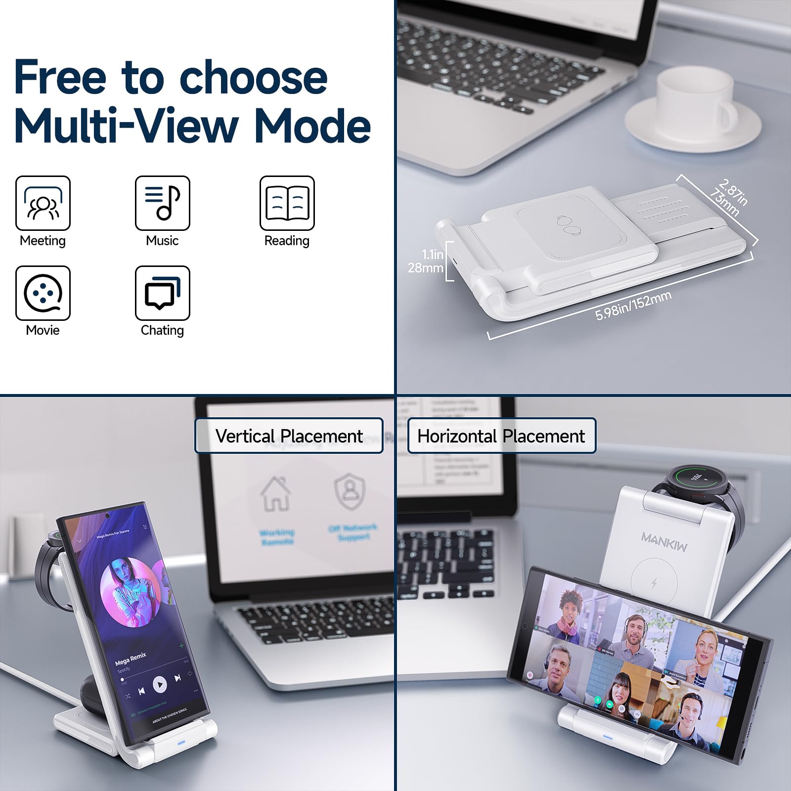 MANKIW Station de charge sans fil pliable 3 en 1 pour Galaxy S23 S22 S20 Ultra Z Flip Fold 5/4/3Galaxy Watch 6/5/4/3Buds-Blanc