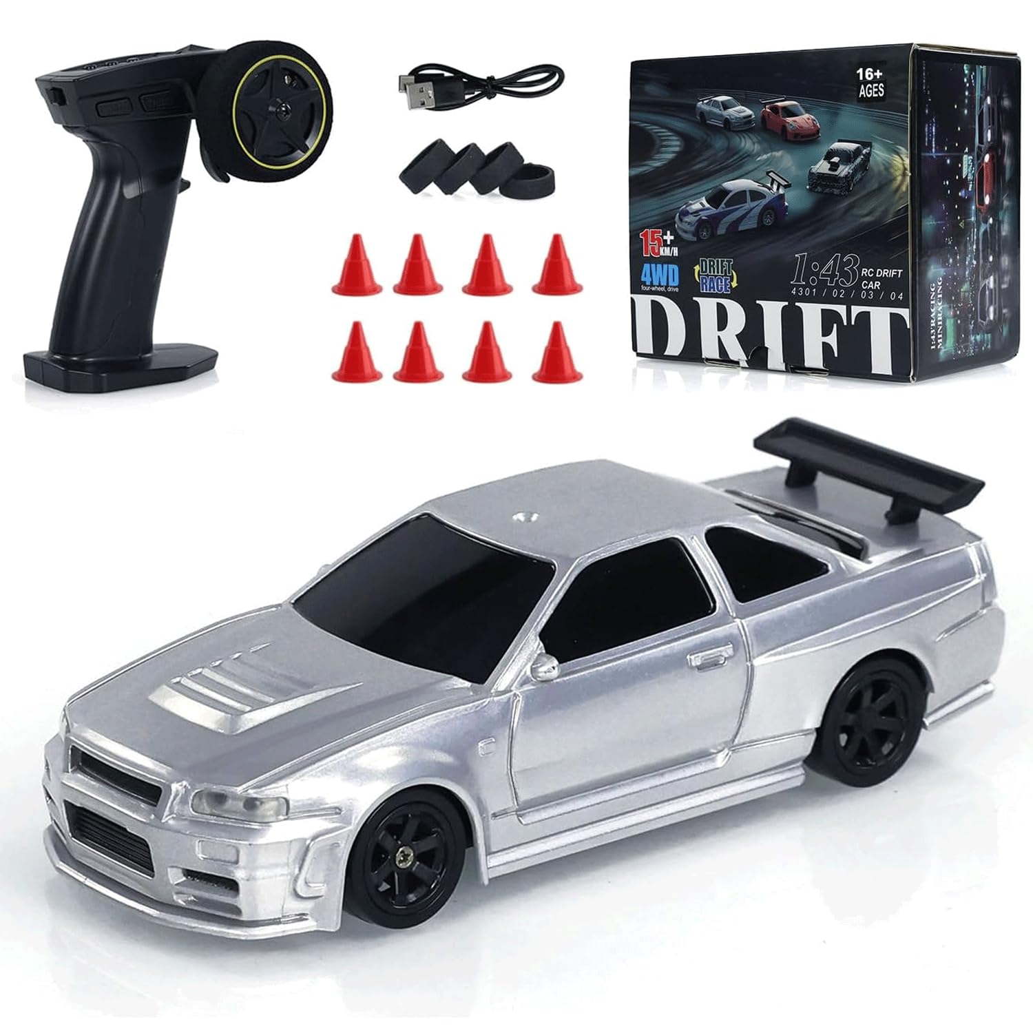 1/43 Scale Mini Racing Drift RC Car with Lights, 2.4G Electric 4WD High-Speed Remote Control Sports Car, Full Proportional Vehicle for Boys Adults Teen - RTR Version/Silver