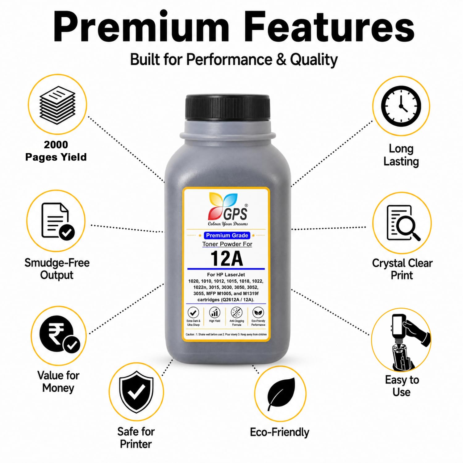 GPS 12A Toner Refill Powder Compatible for HP LaserJet 1020, MFP M1005, 1022, 1018, 1010, M1319f | Q2612A Black | Pack of 3 (100g x 3) | Page Yield: 6,000 Pages Total 3