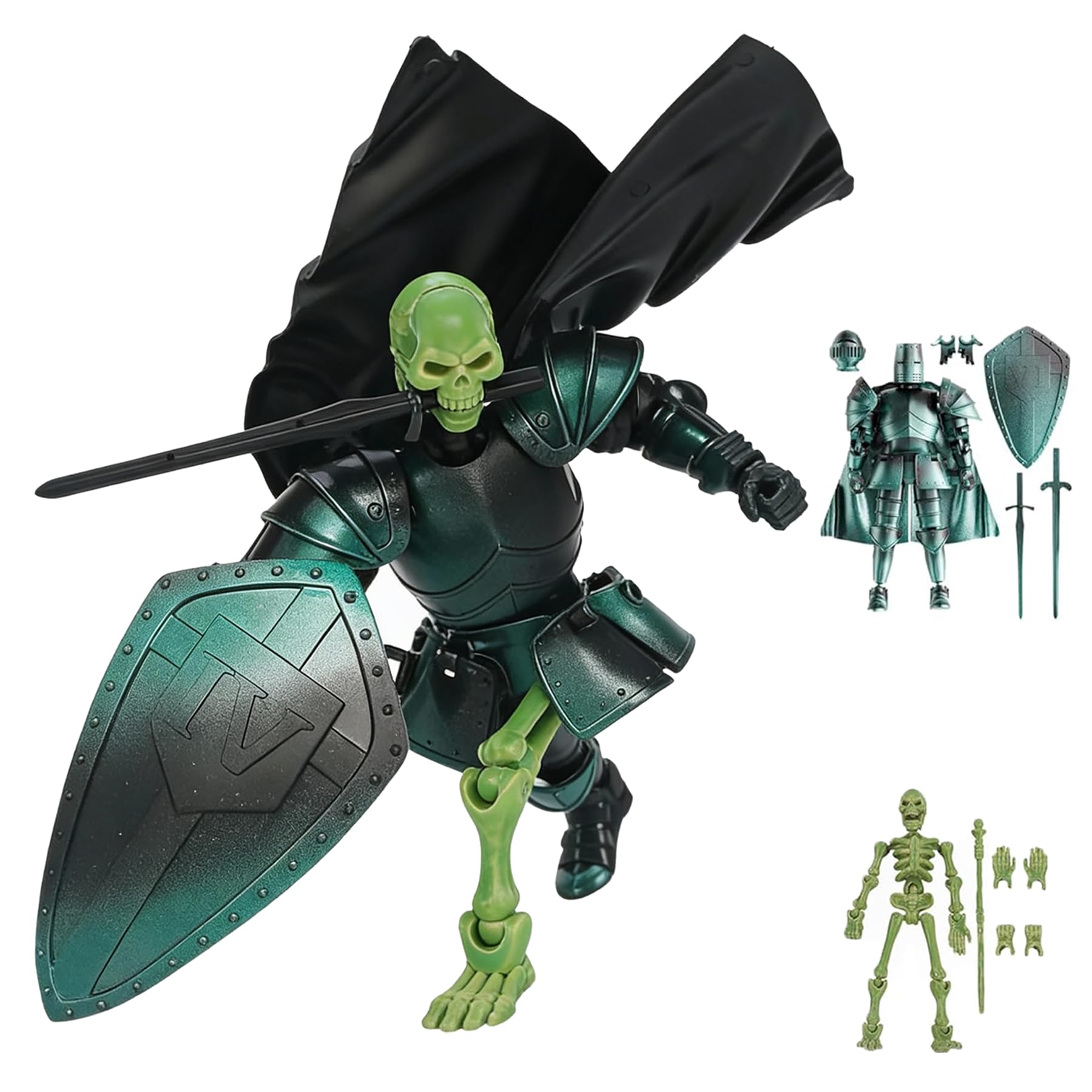 T13 Skeleton Knight Model Kit DIY Medieval Fantasy Action Figure with Interchangeable Armor, Sword and Shield,Posable Assembly Figure for Adults and Collectors (Assembly Required) (Green)