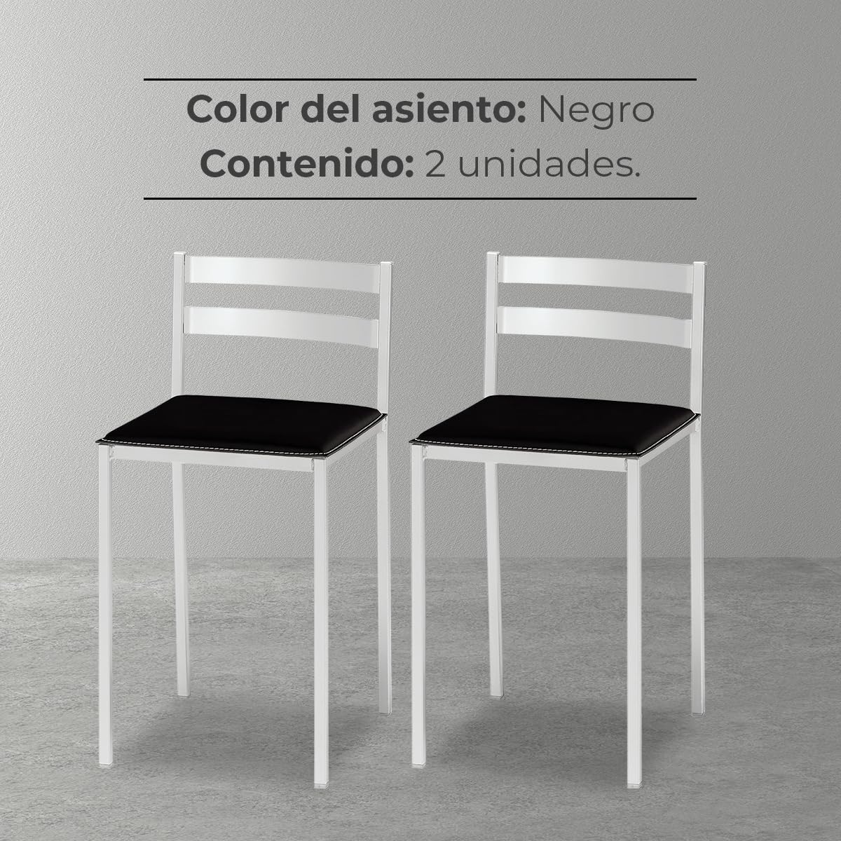 2 Taburetes de Cocina con Respaldo bajo, Franjas horizontales y Asiento tapizado - Estructura Color Blanco - Asiento en Polipiel Negro