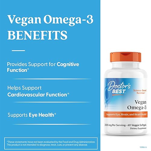 Miniatura 2 de Doctor's Best Vegano Omega-3 EPA + DHA, apoya la salud de los ojos, el cerebro y el corazón, sin OMG, sin gluten, vegano, 60 cápsulas blandas