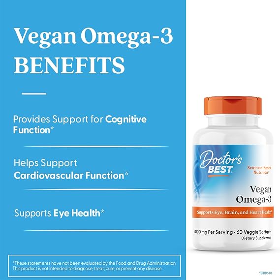 Doctor's BEST Vegan Omega-3 EPA + DHA from Algae - Vegan Plant Based Omega 3 Supplement for Women & Men, Supports Memory, Brain & Cardiovascular Health, Non GMO, Gluten Free - 60 Veggie Softgels