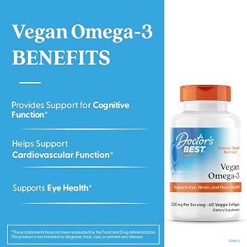 Doctor's BEST Vegan Omega-3 EPA + DHA from Algae - Vegan Plant Based Omega 3 Supplement for Women & Men, Supports Memory, Brain & Cardiovascular Health, Non GMO, Gluten Free - 60 Veggie Softgels