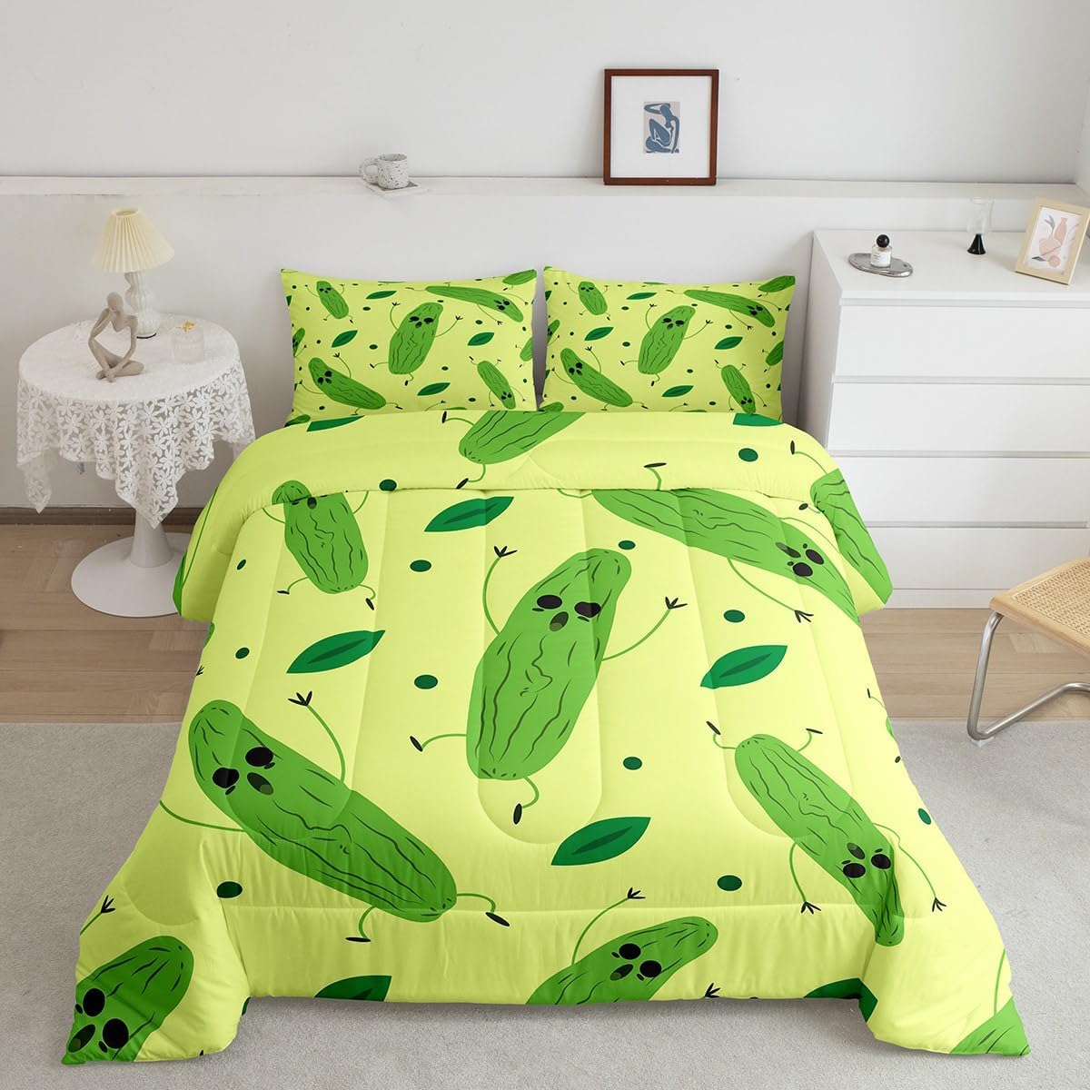 Erosebridal Pickle Bedding Funny Gift for Boy Men Just for Boy Loves Pickles Comforter Set Full, Cartoon Food Vegetable Theme Bed Comforter Set Teen Kid Cute Cucumbers Duvet Insert with 2 Pillow Cases