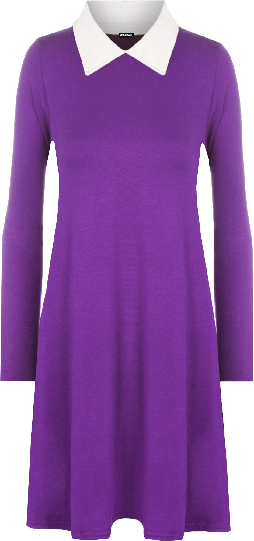 WearAll New Womens Plus Size Collar Long Sleeve Plain Ladies Swing Dress - Purple White - 24-26
