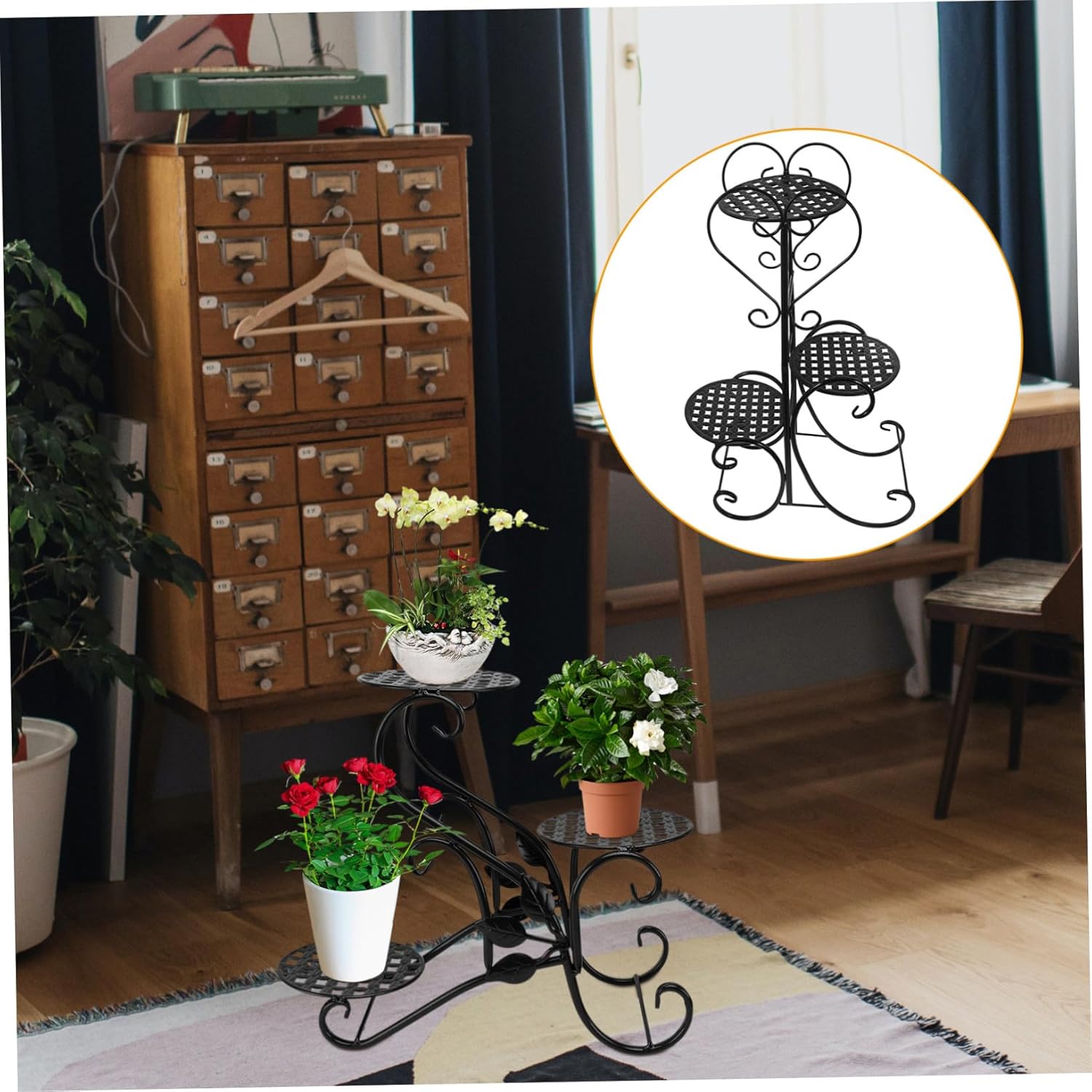 Iron Flowerpot Stand Plant Holder Rack for Porch Indoor Outdoor Vertical Gardening Space Thickened Support Black Decorative Plant Shelf for Succulents and Flower Pots