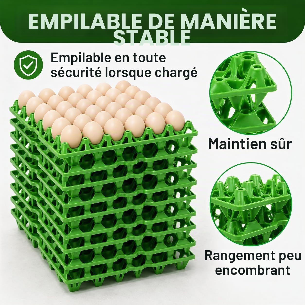 CYEER Lot de 20 Plateaux à Œufs en Plastique Vert, Alvéoles pour 30 Œufs Empilables, Casier Lavable pour Élevage de Poules, Transport et Vente sur Marché (Capacité 600 Œufs)