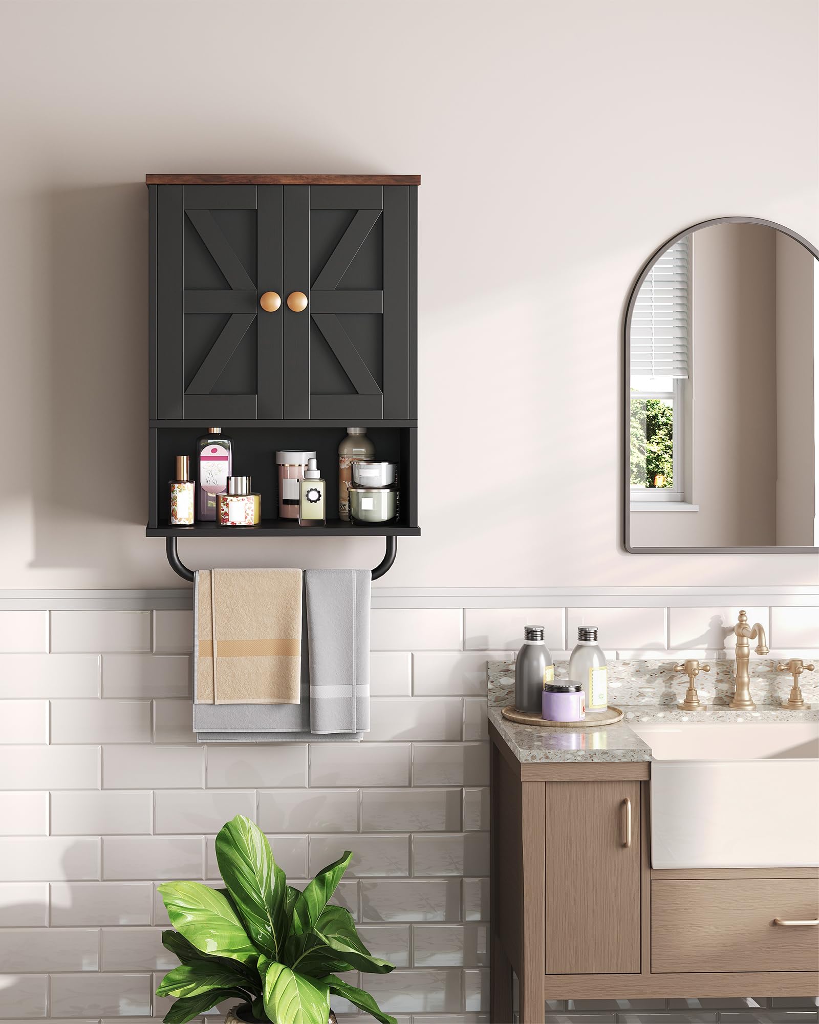 CHOEZON Mueble de Baño Colgante de 2 Puertas, Armario de Pared con Compartimento Abierto y Toallero, Botiquín, Estilo Granero, para Dormitorio, Sala de Estar, Cocina, Negro y Nogal Marrón