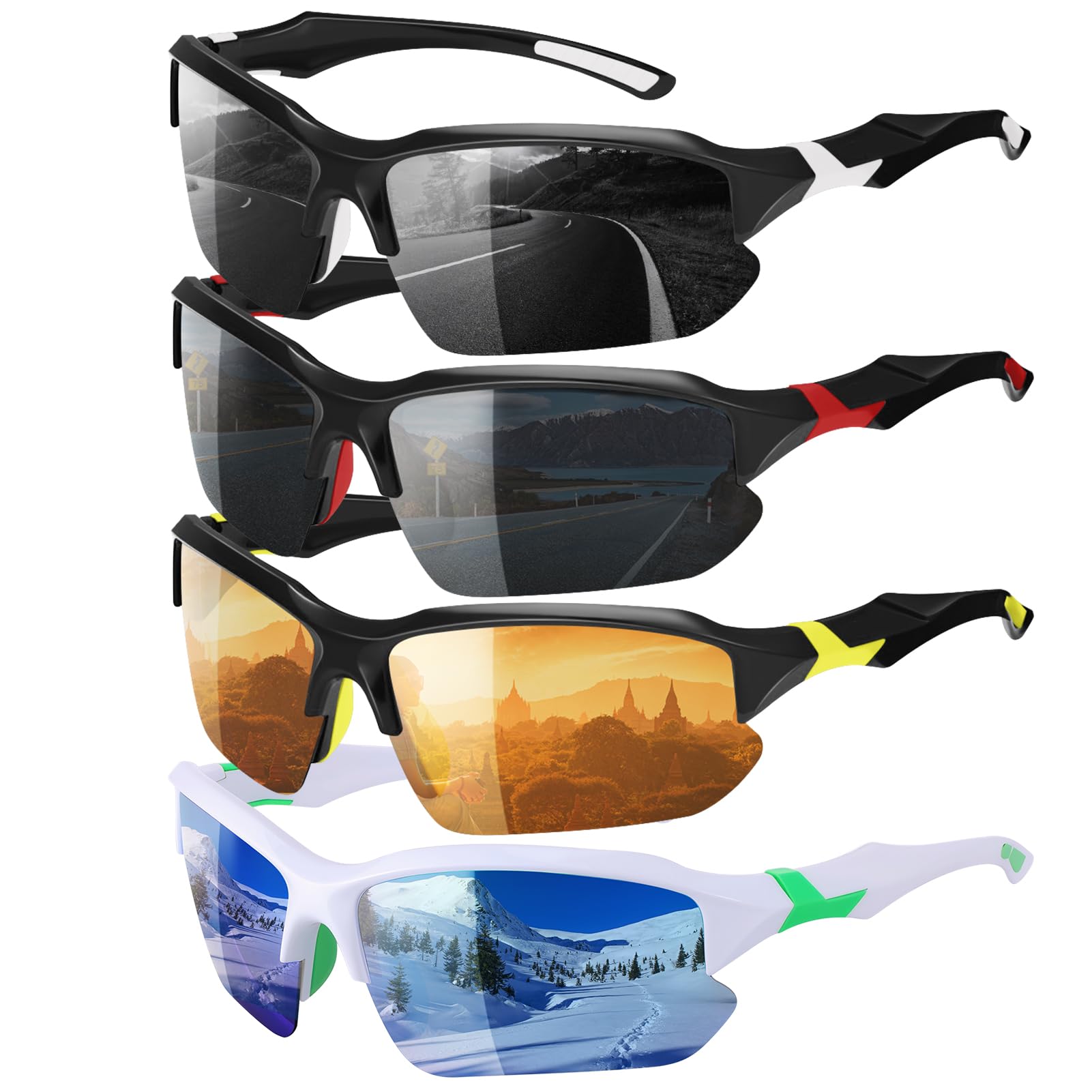 Confezione da 4 occhiali da sole sportivi polarizzati per uomini e donne, protezione UV, occhiali da sole leggeri avvolgenti per attività all'aperto