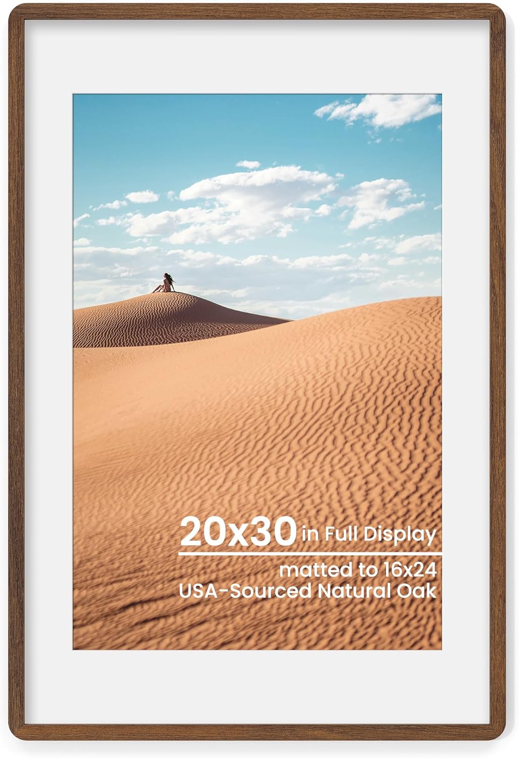 Natural Oak Wood Picture Frame 20x30, Wooden Poster Frame with Mat for 16x24, Round Corner 20 x 30 Matted Picture Frames with Resistant Plexiglass for Wall Mounting or Tabletop, Walnut Color, Set of 1