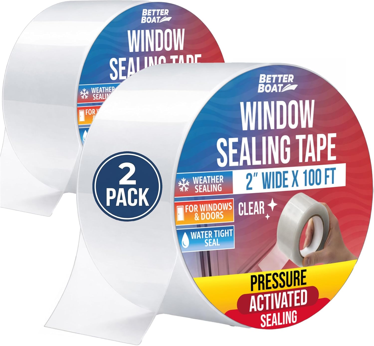 Window Sealing Tape Clear 2-Pack, 2 Inch x 100 FT Per Roll, Weather Seal for Windows, Doors and AC Units, Waterproof UV Resistant, Damage-Free Removal - Better Boat