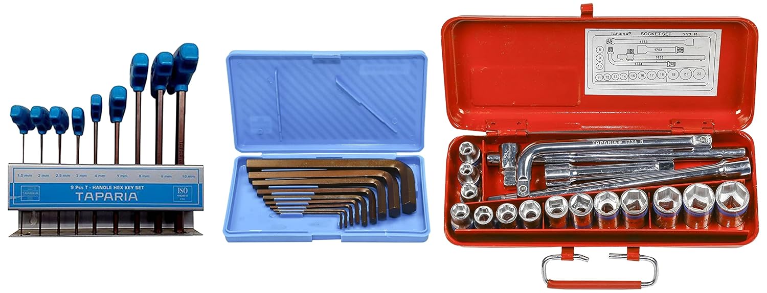 TAPARIA KM9V Allen Key Set (Black) & S23M/S23H 1/2Inch Square Drive Socket Set & TAKM9 Steel