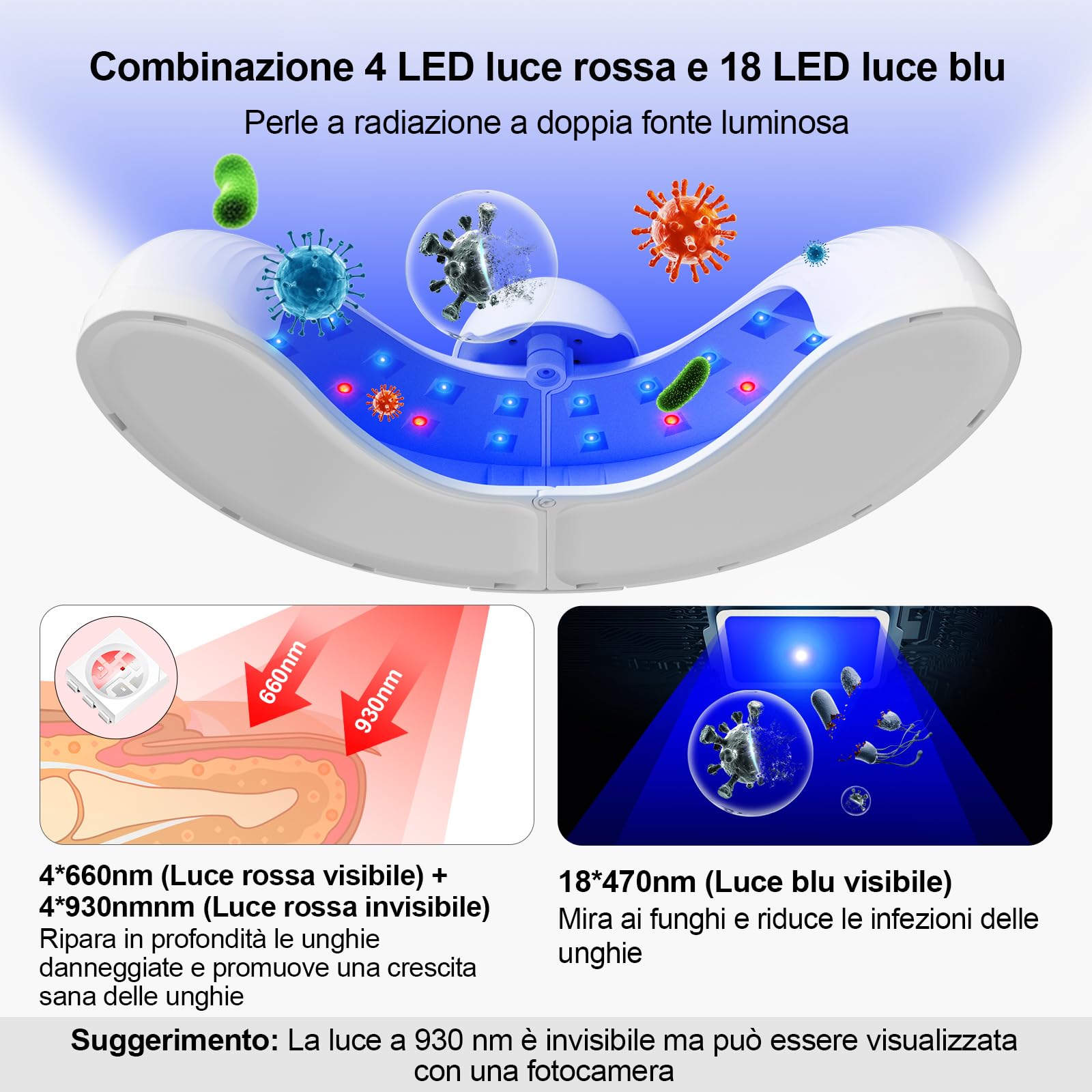 Dispositivo Unghie LED, 500nm Blu & 940nm Rosso, 26 LED Ricaricabile | 26 LED luce blu 500nm & rossa 940nm, timer integrato. Per unghie mani e piedi, facile uso domestico.