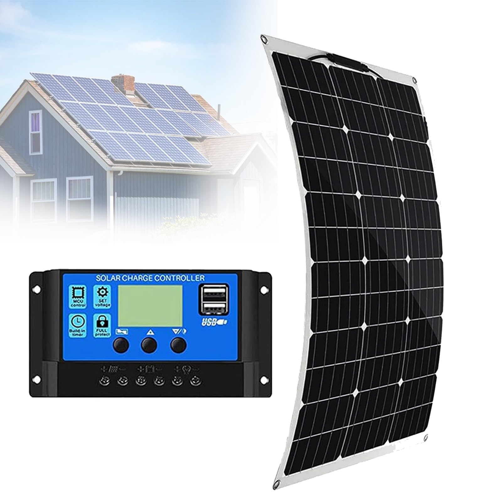 500W 1000W Panel Solar Kit Flexible Fotovoltio Módulo Mono Controlador para Autocaravana, Barco, automóvil, Caravana, Carga de batería(1x500W)