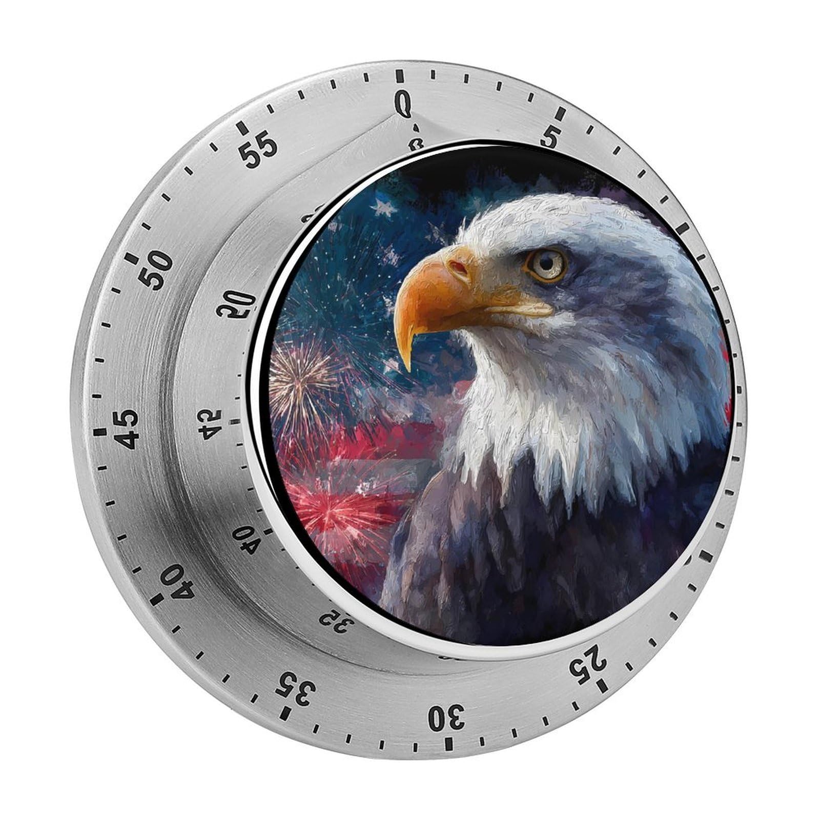 Watercolor BaldEagle U.S.A. Flag Mechanical Timer with Alarm for Kitchen Cooking Productivity Stainless Steel Timers