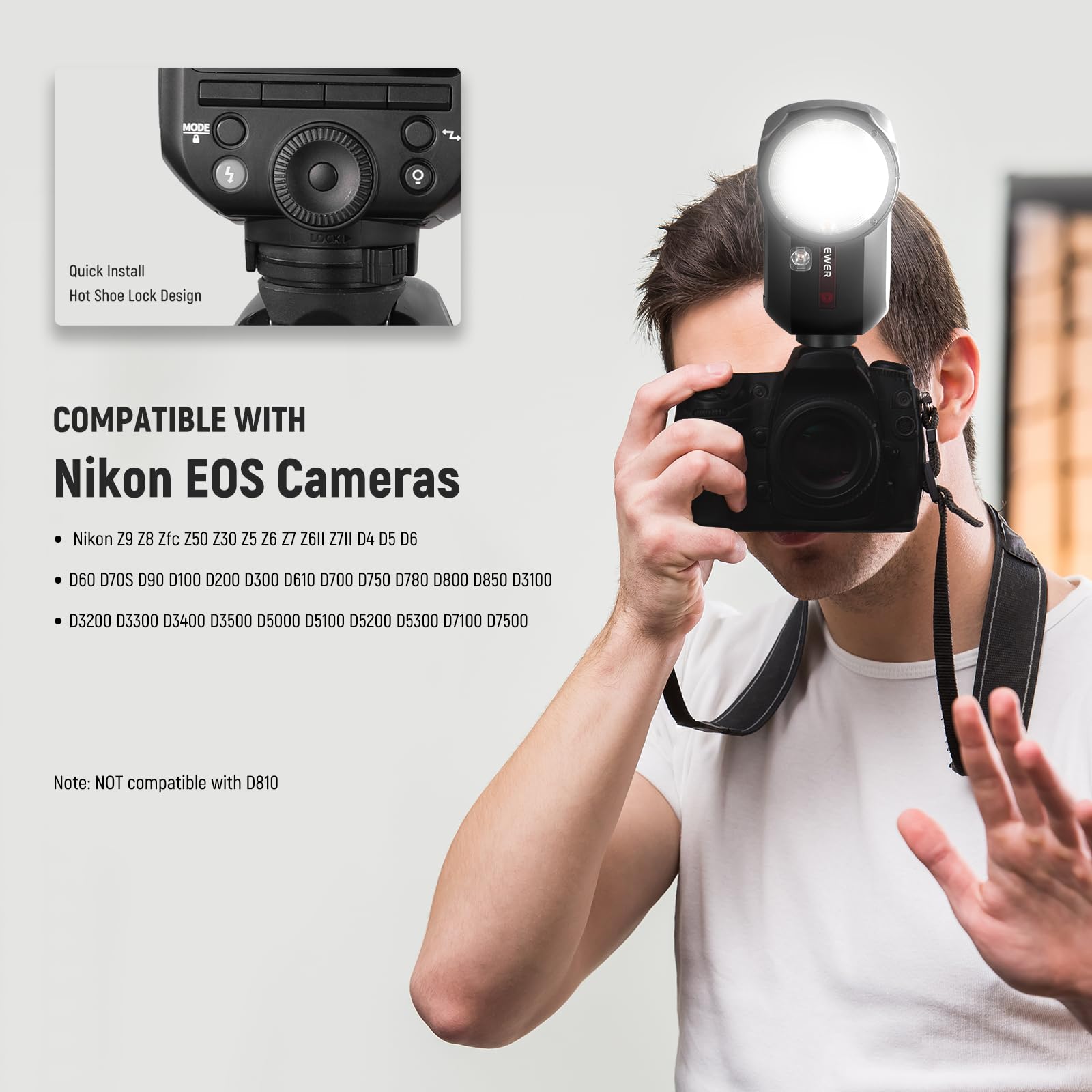 NEEWER Z2-N Flash Speedlite TTL Tête Ronde 2,4G Compatible avec Nikon, HSS 76W 1/8000s avec Diffuseur, 2 Lampes Pilotes, Nouvelle Interface Utilisateur, Sélecteur TCM TTL/M, Batterie 3000mAh 600 Flash