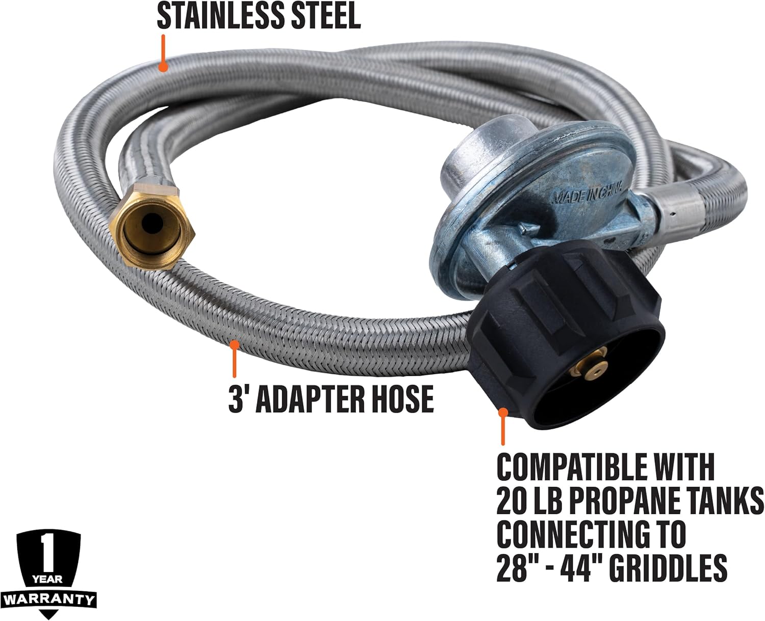 BLACKSTONE 5154 Propane Stainless Steel Braided Hose & Regulator for 22lb Tank, Gas Grill & Griddle Animal Resistant, Weather Resistant & Corrosion Resistant – Extends Up to 3 Feet