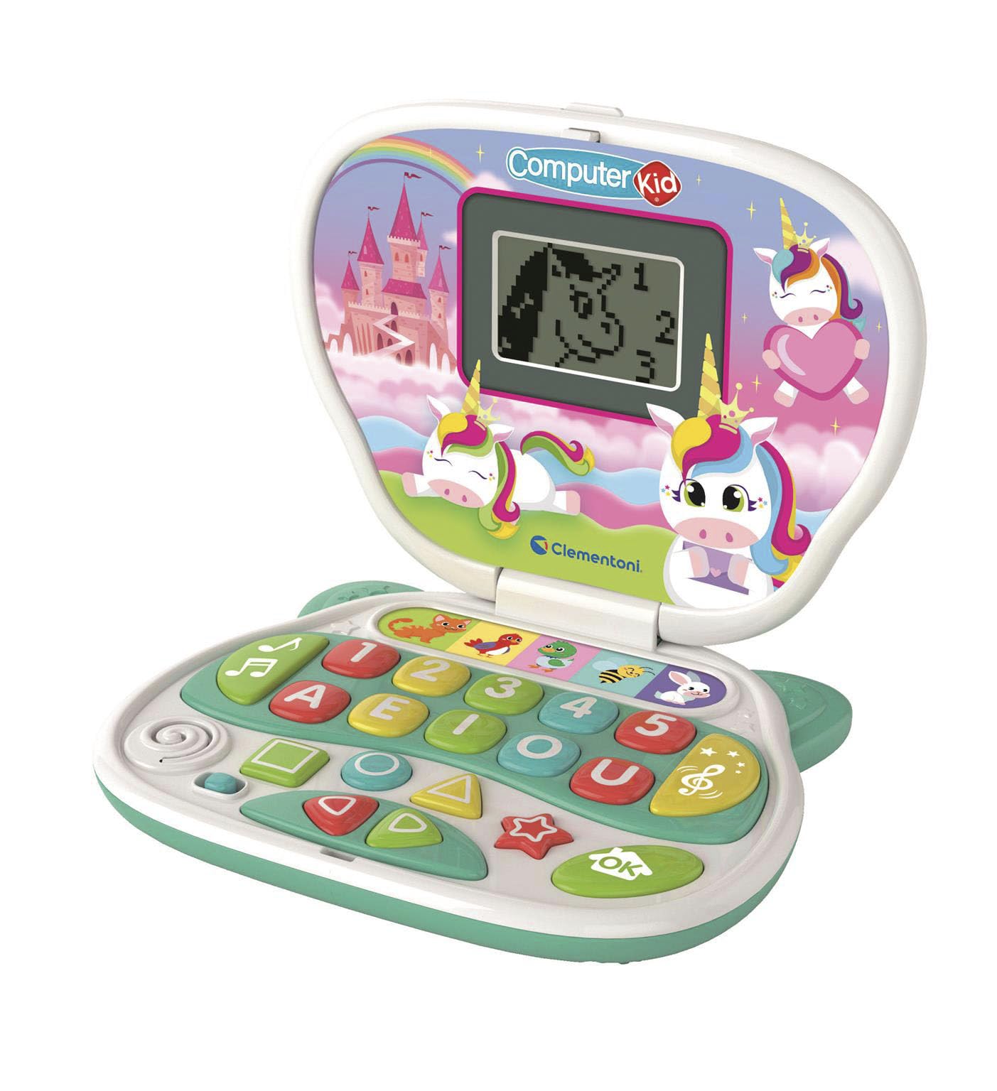 Clementoni - Computer Kid Unicorno Laptop Educativo Bambini 2+ Anni, 10 attività, Gioco Elettronico per Imparare Lettere, Numeri, Forme, Colori e Direzioni, Batterie Incluse, Lingua Italiana, 16489