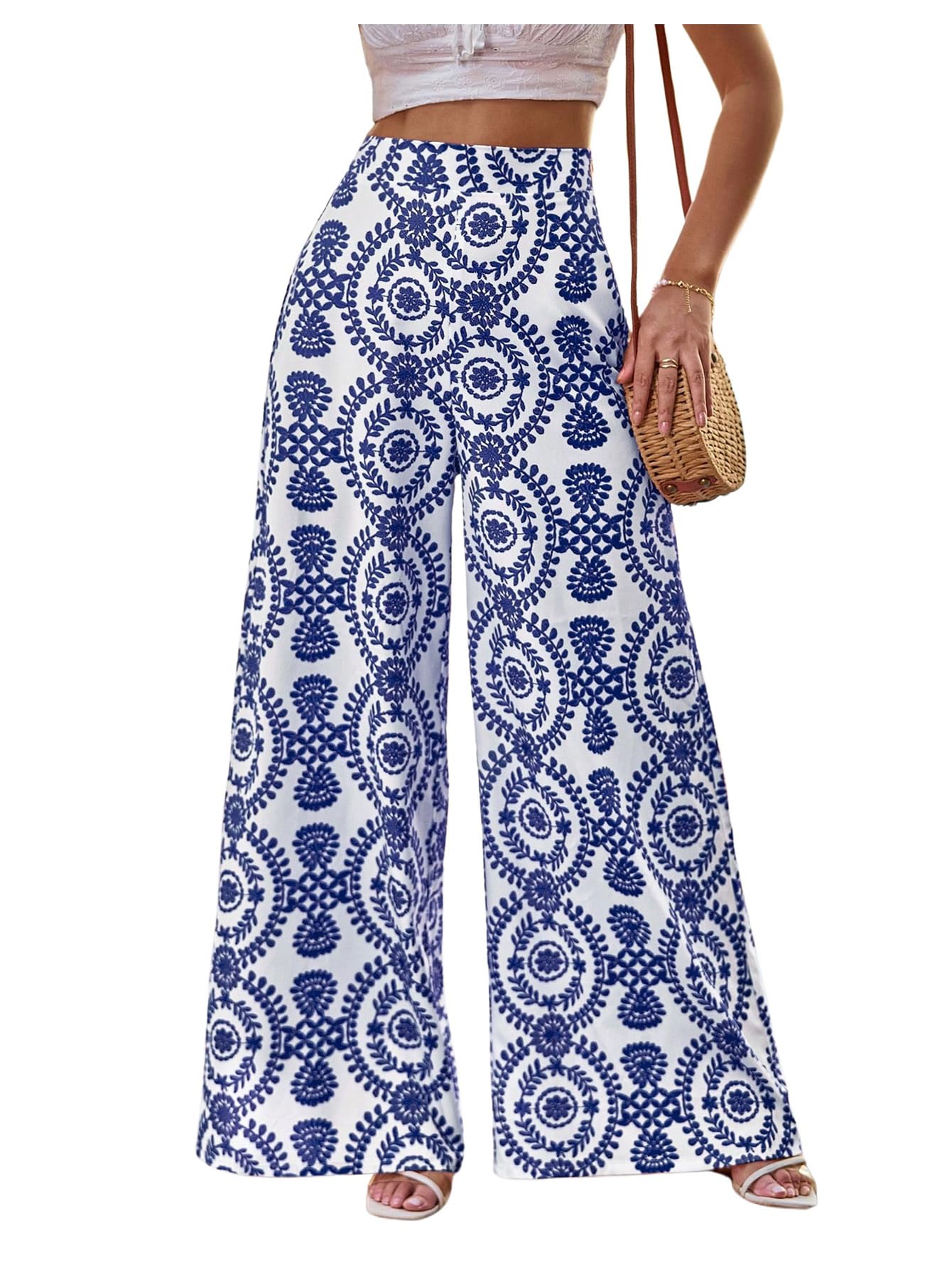 Floerns Womens High Waist Floral Wide Leg Palazzo Pants Flowy Travel Trousers