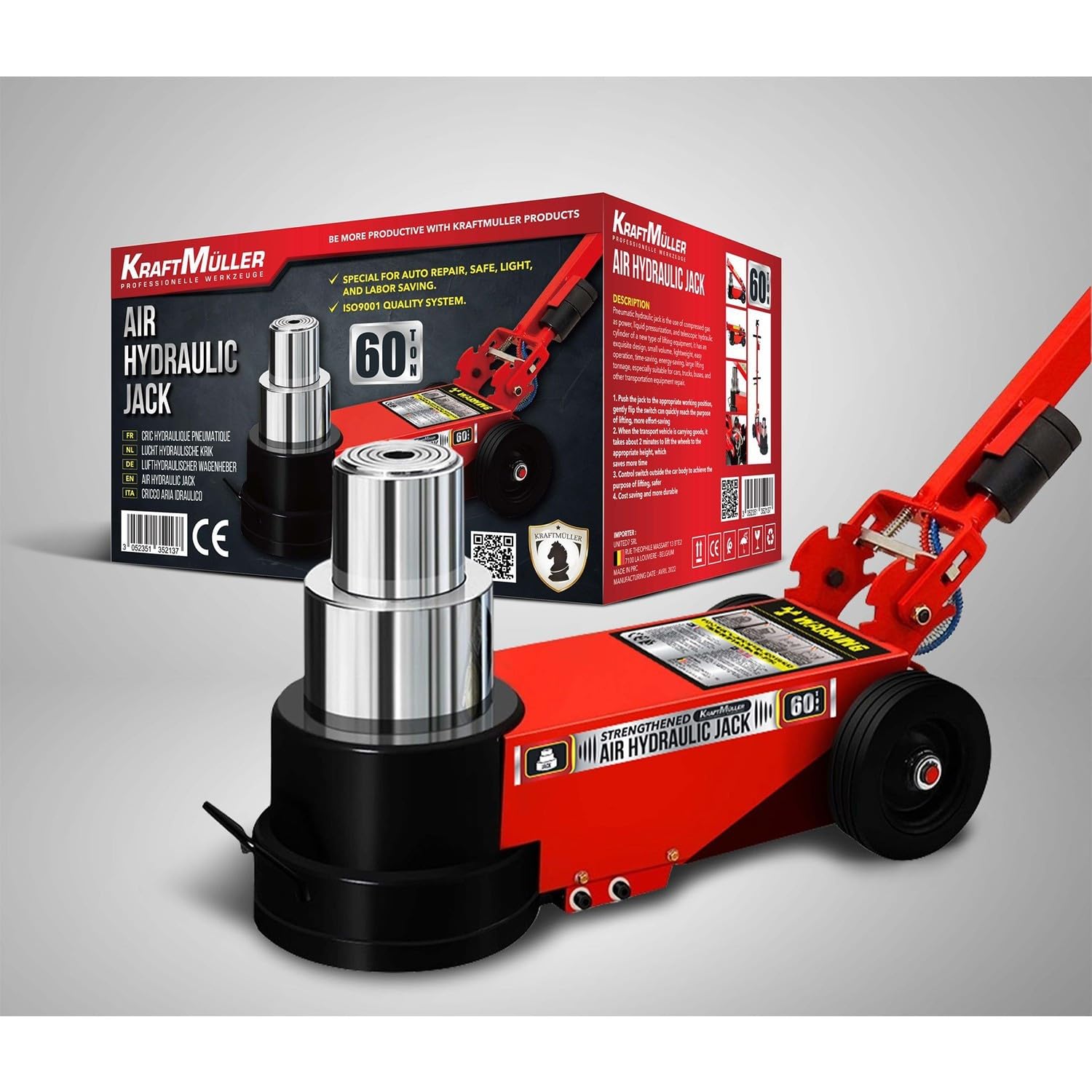Cric hydropneumatique Kraft Muller, capacité 60T pour levage de camions, tracteurs, bus, Roues polyuréthane résistantes