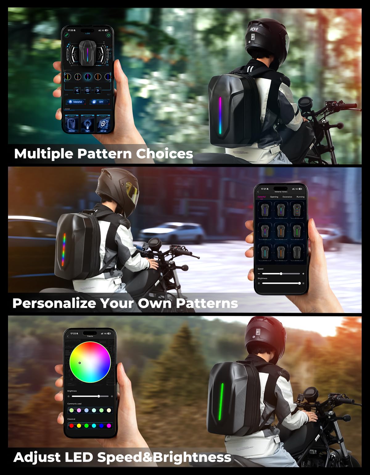 KEMIMOTO LED Backpack Helmet Bag Motorcycle Backpacks For Men Waterproof Hardshell Reflective Backpack App Control External Type-C Charging Port Expandable Travel Riding Gear (Power Bank Not Included)