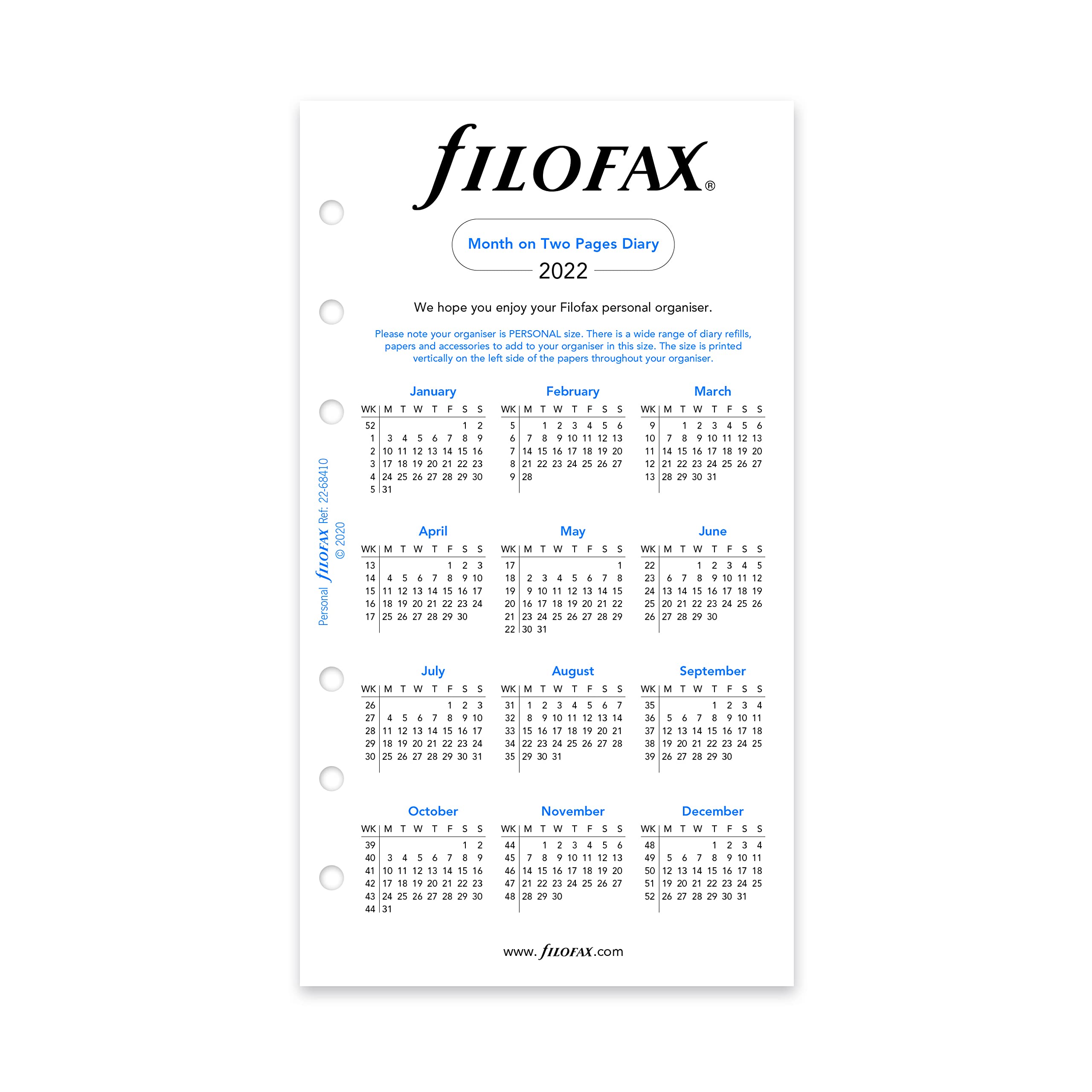 Filofax Ricarica, formato personale/compatto, visualizzazione mensile, carta bianca, inglese, 2022 (C68410-22)