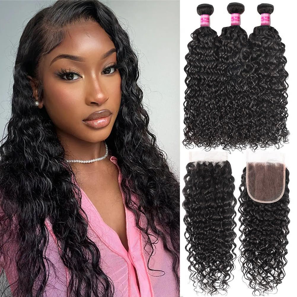 Human Hair Extensions 3 Bundles with HD Lace Closure Water Wave Curly Brazilian Wet And Wavy Human Hair Weave Water Wave 3 Bundles  main image 3