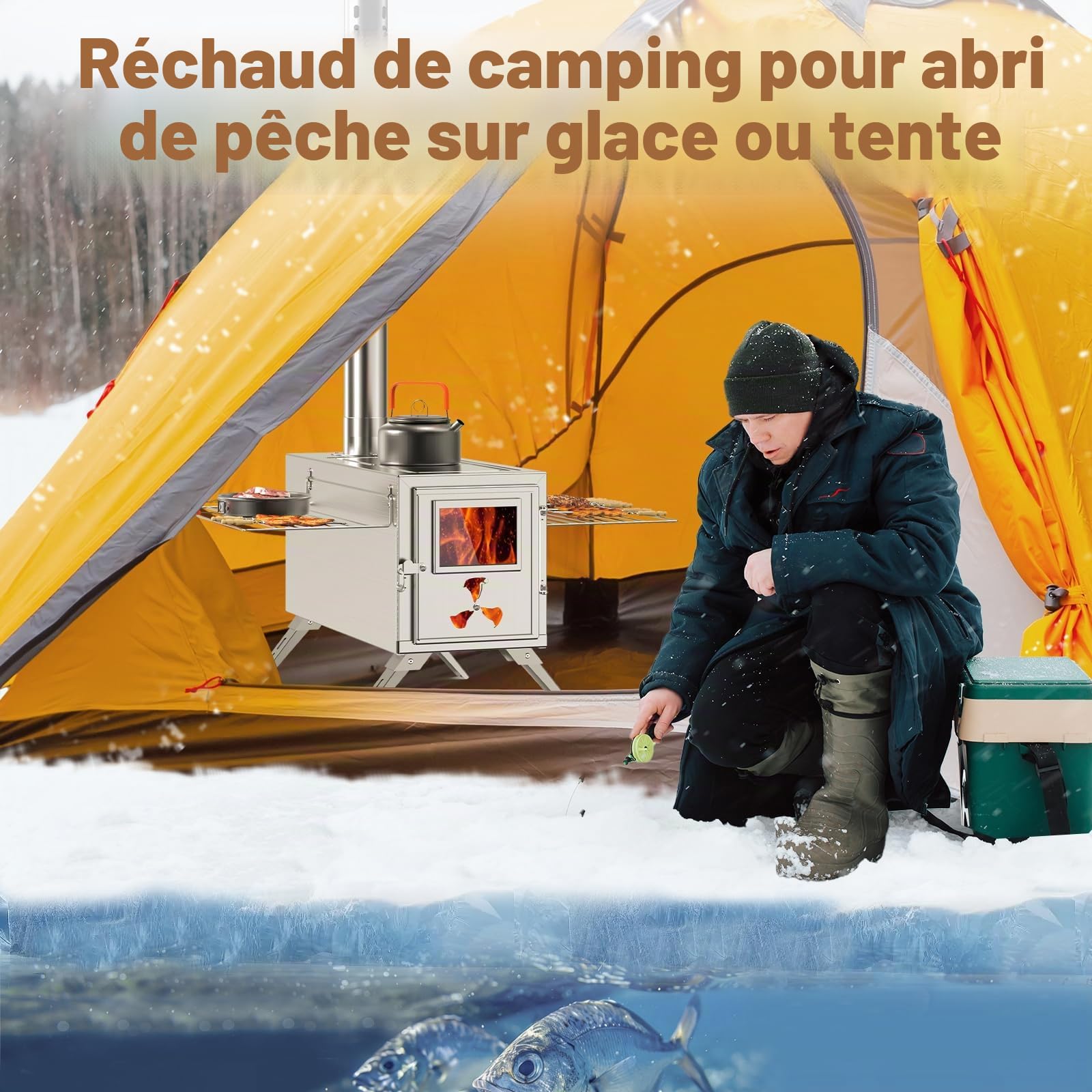 MOPHOTO Réchaud à bois de camping avec 7 tuyaux de cheminée en acier inoxydable et pare-étincelles, chauffage extérieur, cuisine, pêche sur glace, chasse (38 x 20 x 22 cm)