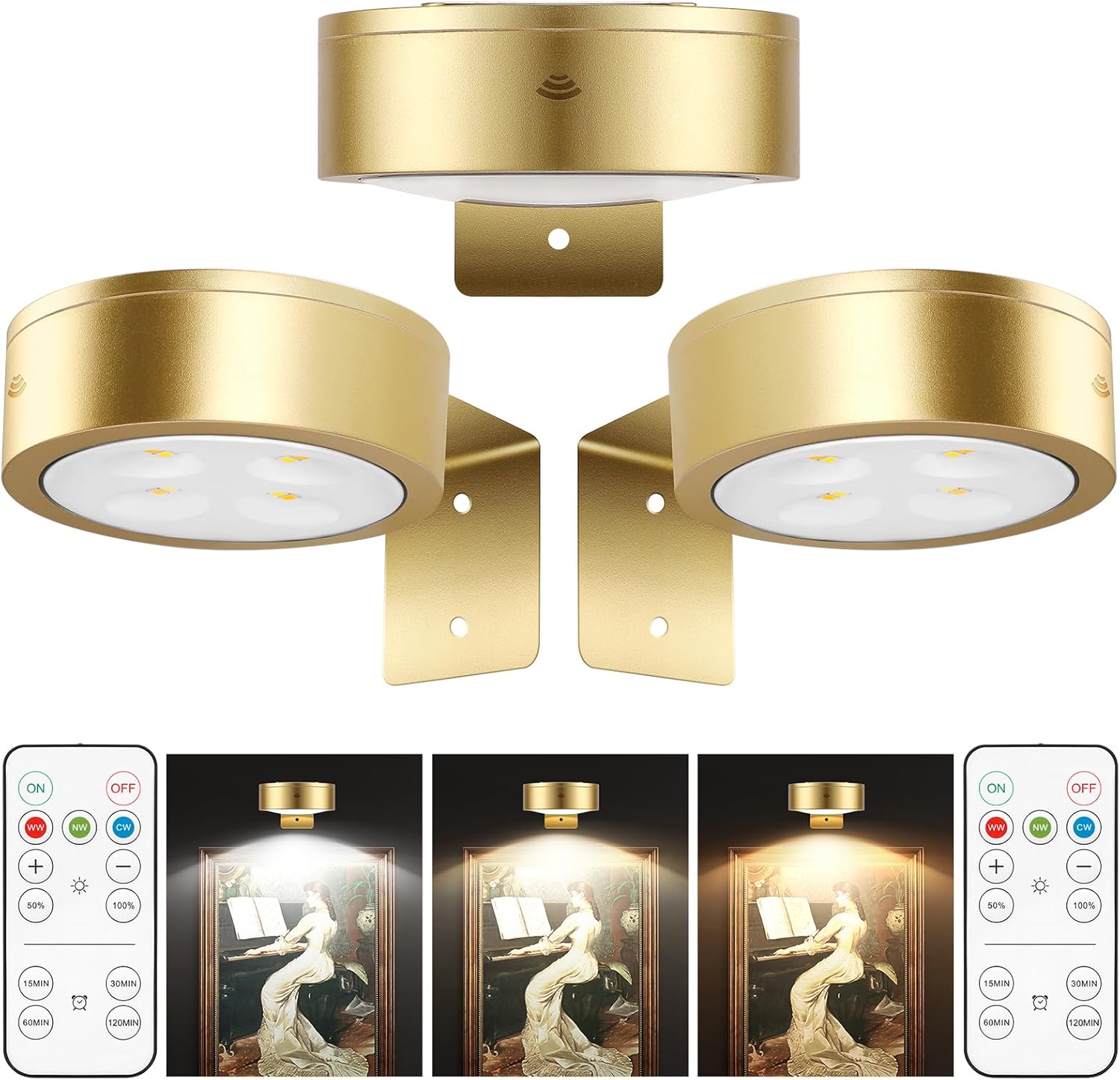3pcs Picture Light Painting Light with 3 Lighting Colors,Battery Picture Light with Remote, Magnetic Wall Painting Light for Art Display,Dimmable Led Accent Lihgt for Picture Dartboard Frame Gallery Gold 5inch