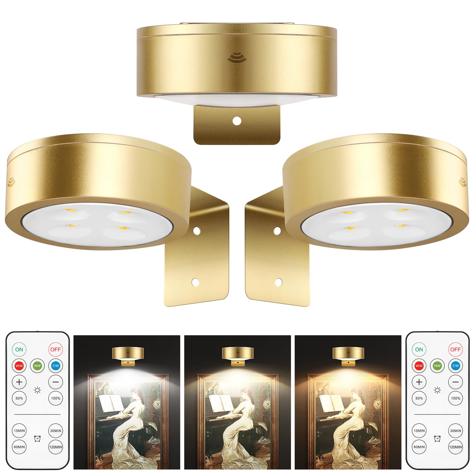 3pcs Picture Light Painting Light with 3 Lighting Colors,Battery Picture Light with Remote, Magnetic Wall Painting Light for Art Display,Dimmable Led Accent Lihgt for Picture Dartboard Frame Gallery