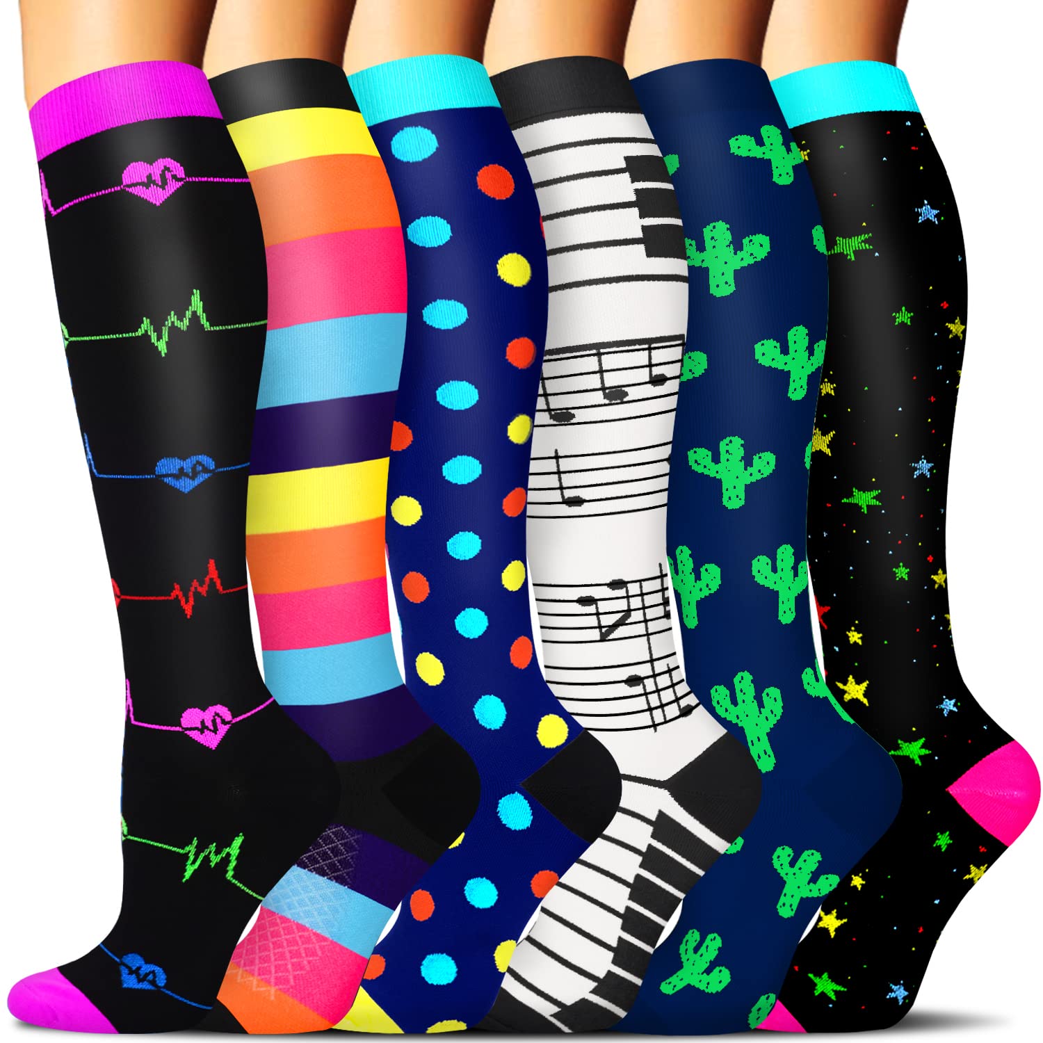 SunFeeling 6 Pairs Compression Socks for Women & Men Circulation - Best Support for Nurses,Running,Athletic,Sports