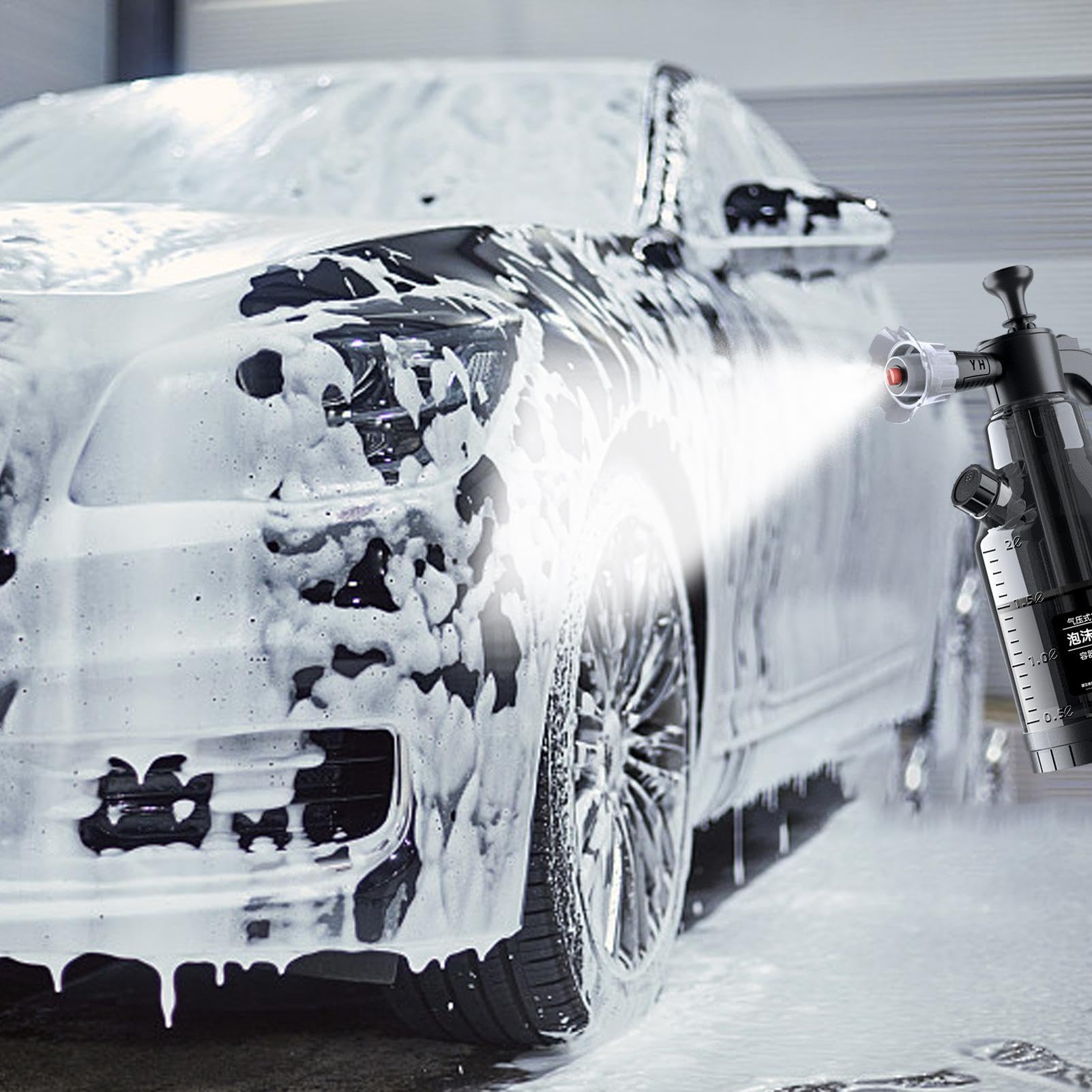 Pulverizador de espuma a presión de mano, pulverizador de espuma de nieve de 2 litros, pulverizador manual de jabón para lavado de coche, botella de espuma para limpieza de césped y jardín, detalles y