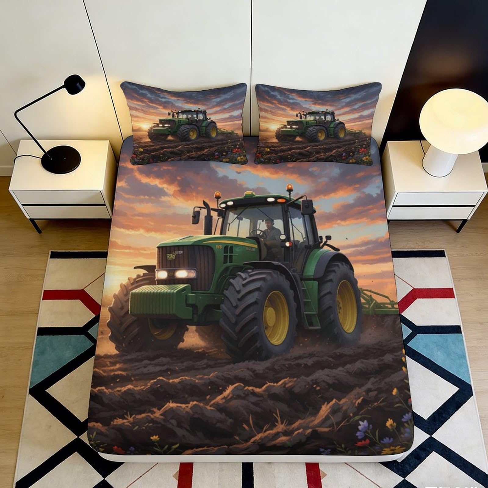 3D Printed Green Farm Tractor Fitted Sheet Microfiber Soft Non-Slip Plough Field Bed Cover for Bedroom Guest Dorm 90x200x25cm