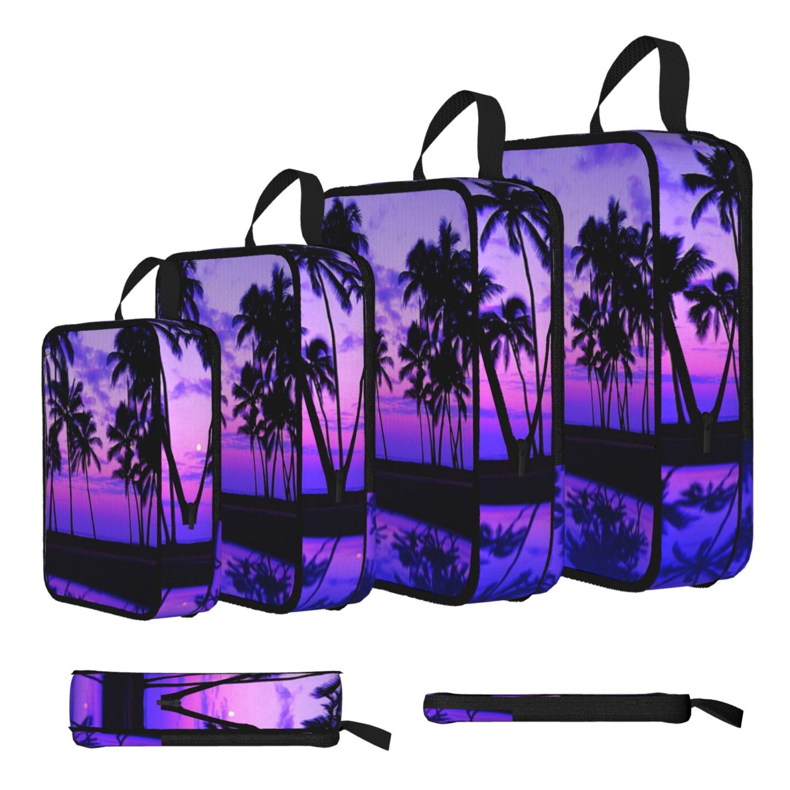 Esnaiuvcd Black Palm Tree Purple Sunset Print 4 Set Compression Packing Cubes For Suitcases,Expandable Storage Bags Organizers