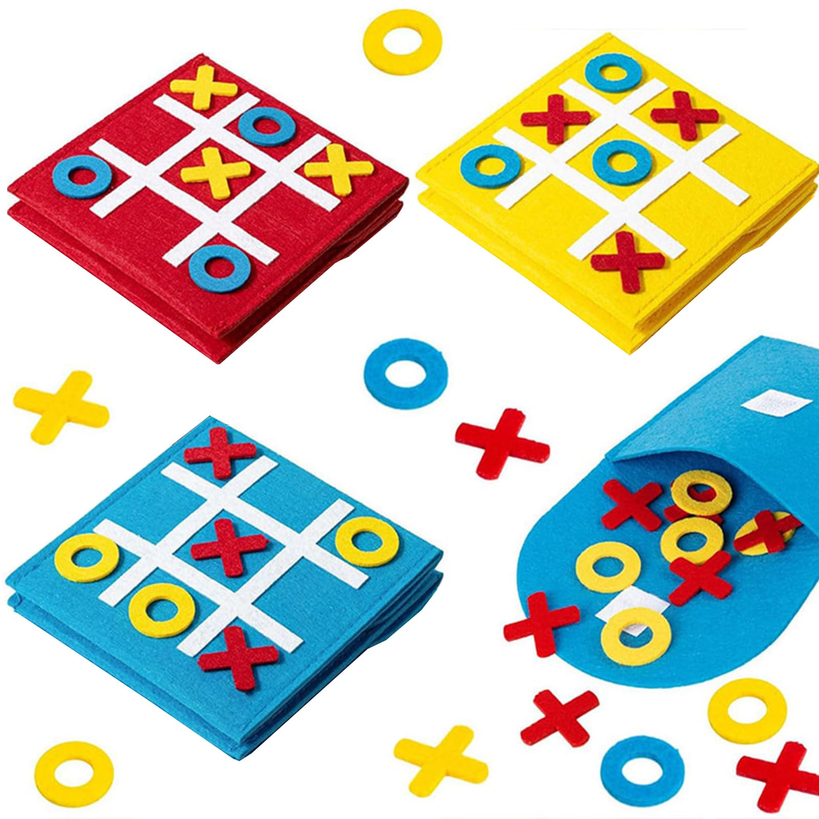 Juego de tres en raya de fieltro de 6 piezas, 12x12 cm, juego portátil para niños, ideal para fiestas, cumpleaños y la escuela (rojo, amarillo, azul).